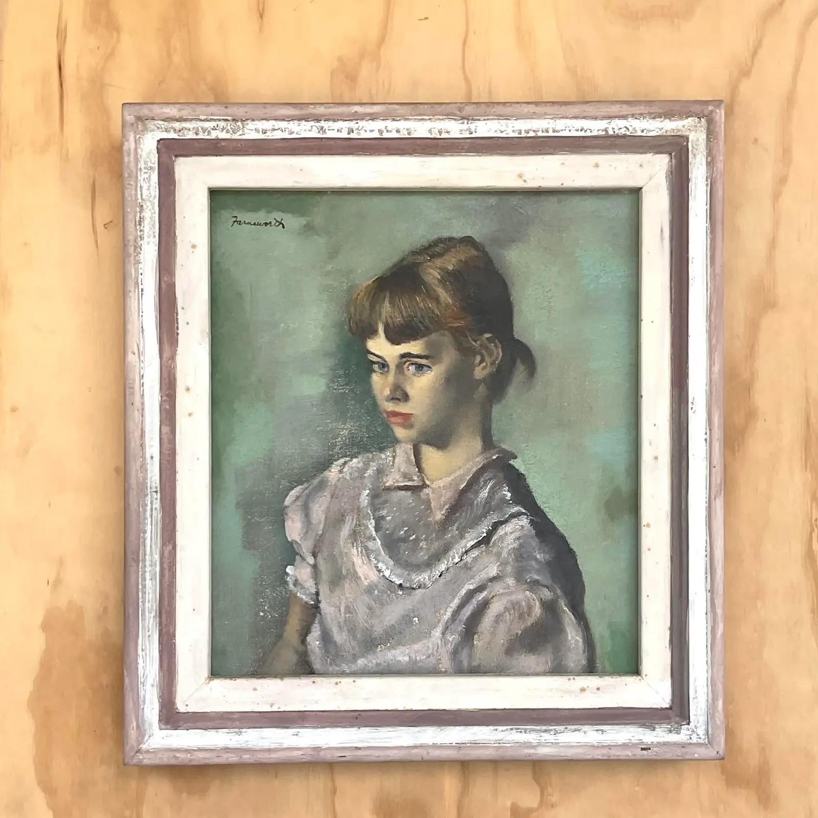 Vintage Regency Original Oil Portrait if Young Girl Signed Farnsworth For Sale 4
