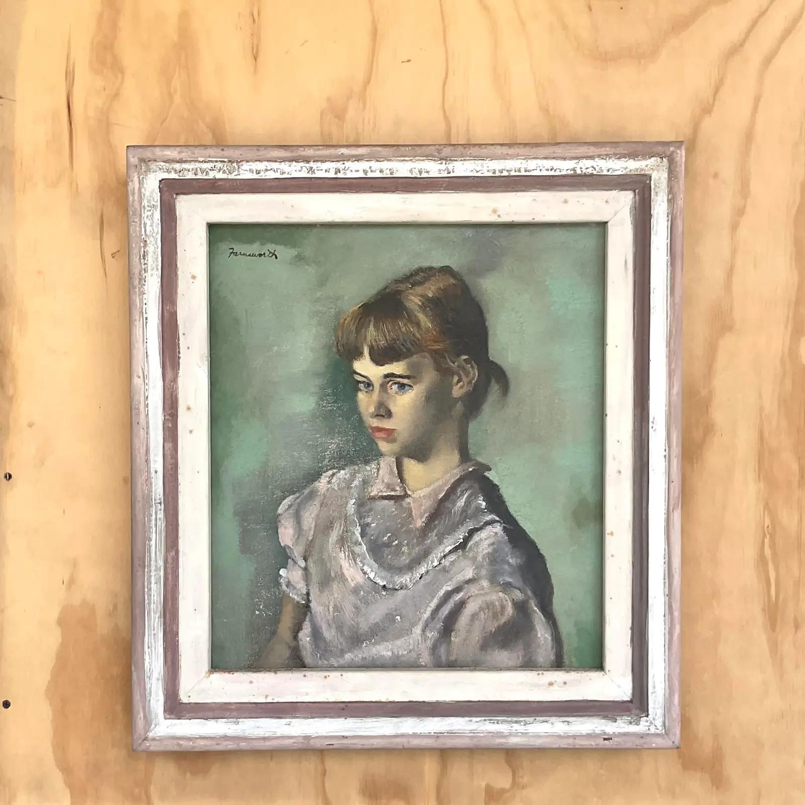 Splendido ritratto ad olio originale d'epoca. Una bella composizione di una giovane ragazza. Firmato dall'artista Farnsworth. Acquistato da una proprietà della Florida.