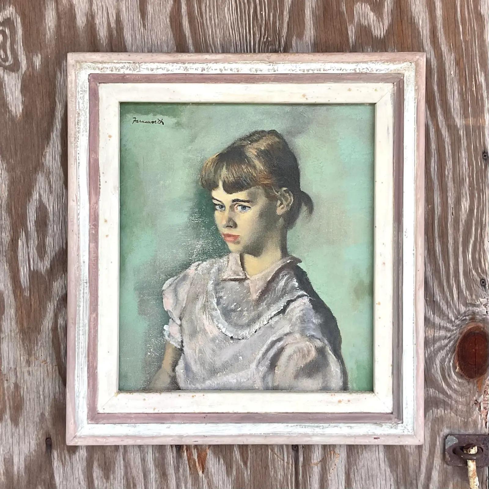 North American Vintage Regency Original Oil Portrait if Young Girl Signed Farnsworth For Sale