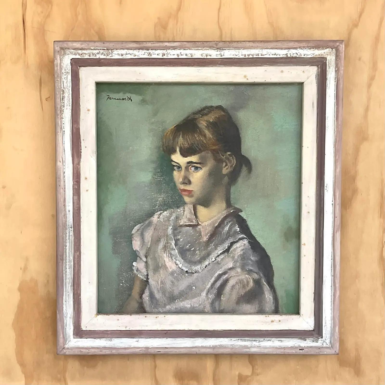 Vintage Regency Original Oil Portrait if Young Girl Signed Farnsworth In Good Condition For Sale In west palm beach, FL
