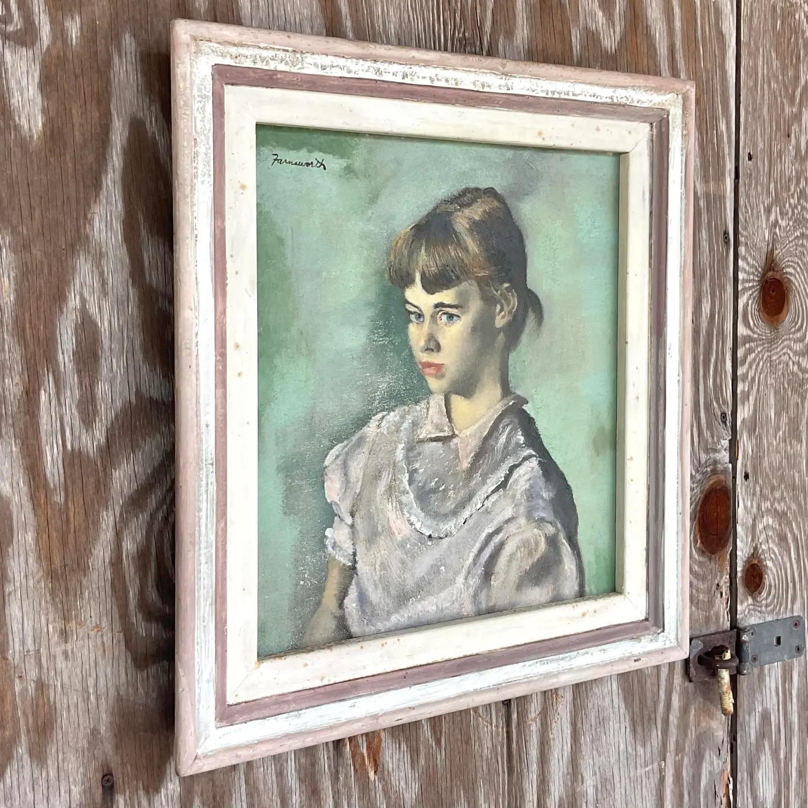 20ième siècle Portrait à l'huile original de style Régence vintage « if Young Girl » signé Farnsworth en vente