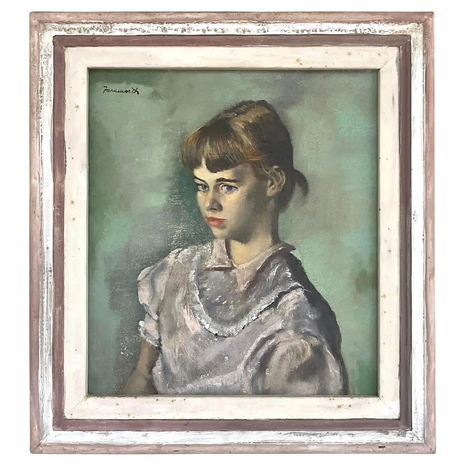 Original Vintage Regency-Ölgemälde, „Wenn Junges Mädchen“, signiert Farnsworth