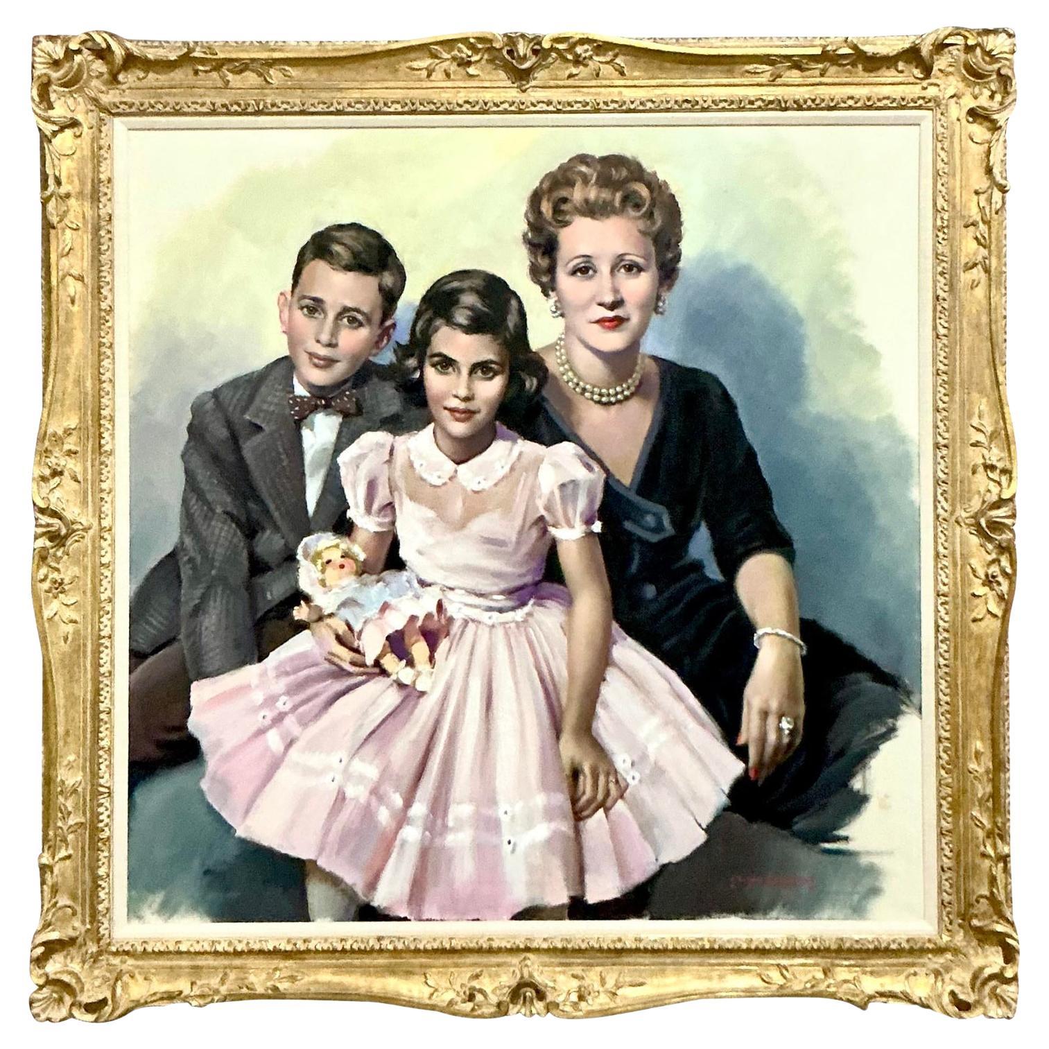 Vintage Regency Original Öl Porträt der Familie