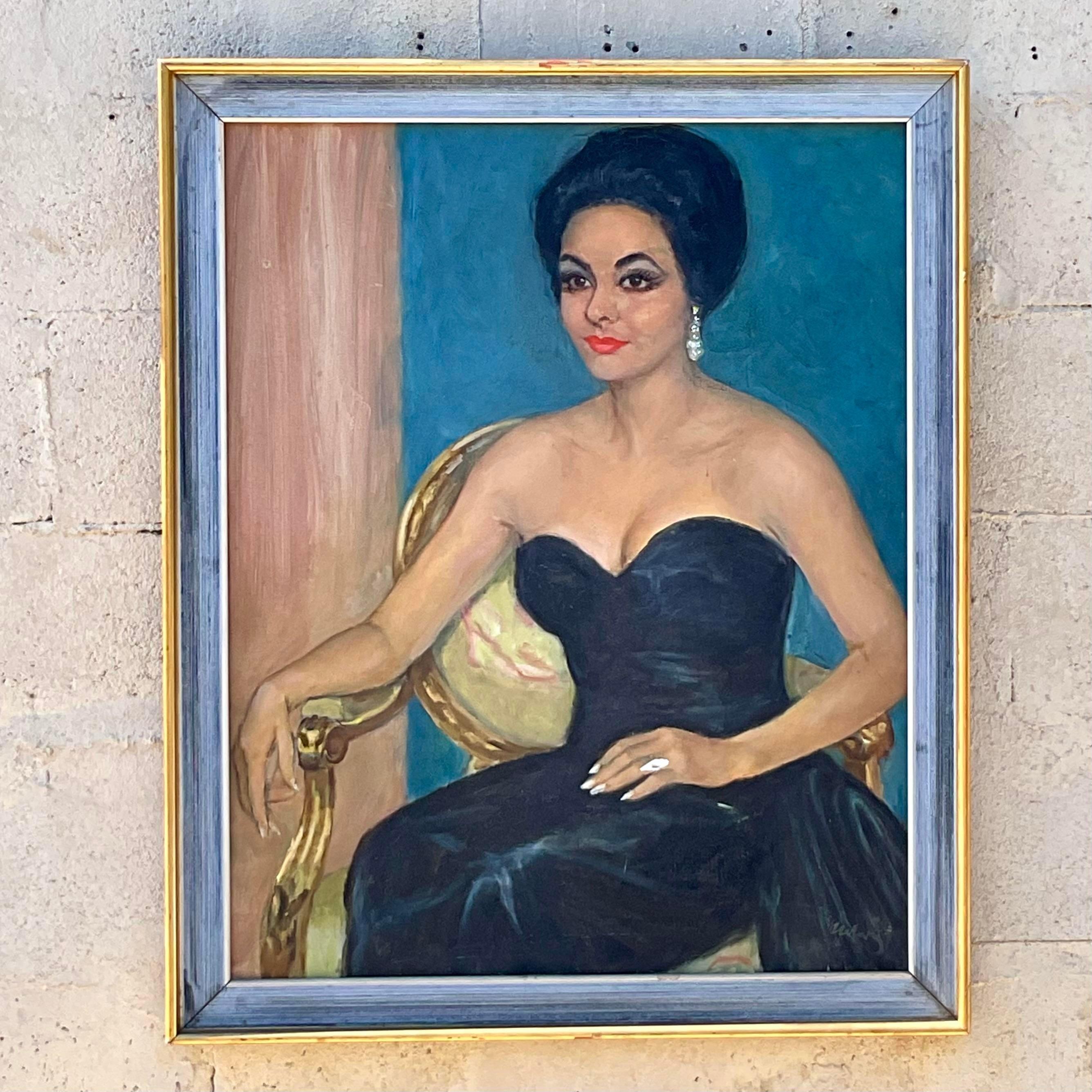 Elevate your space with this stunning Vintage Regency Original Oil Portrait of a glamorous woman. Capturing timeless sophistication, the artwork showcases intricate details and rich colors that bring her poised expression to life. Perfect for
