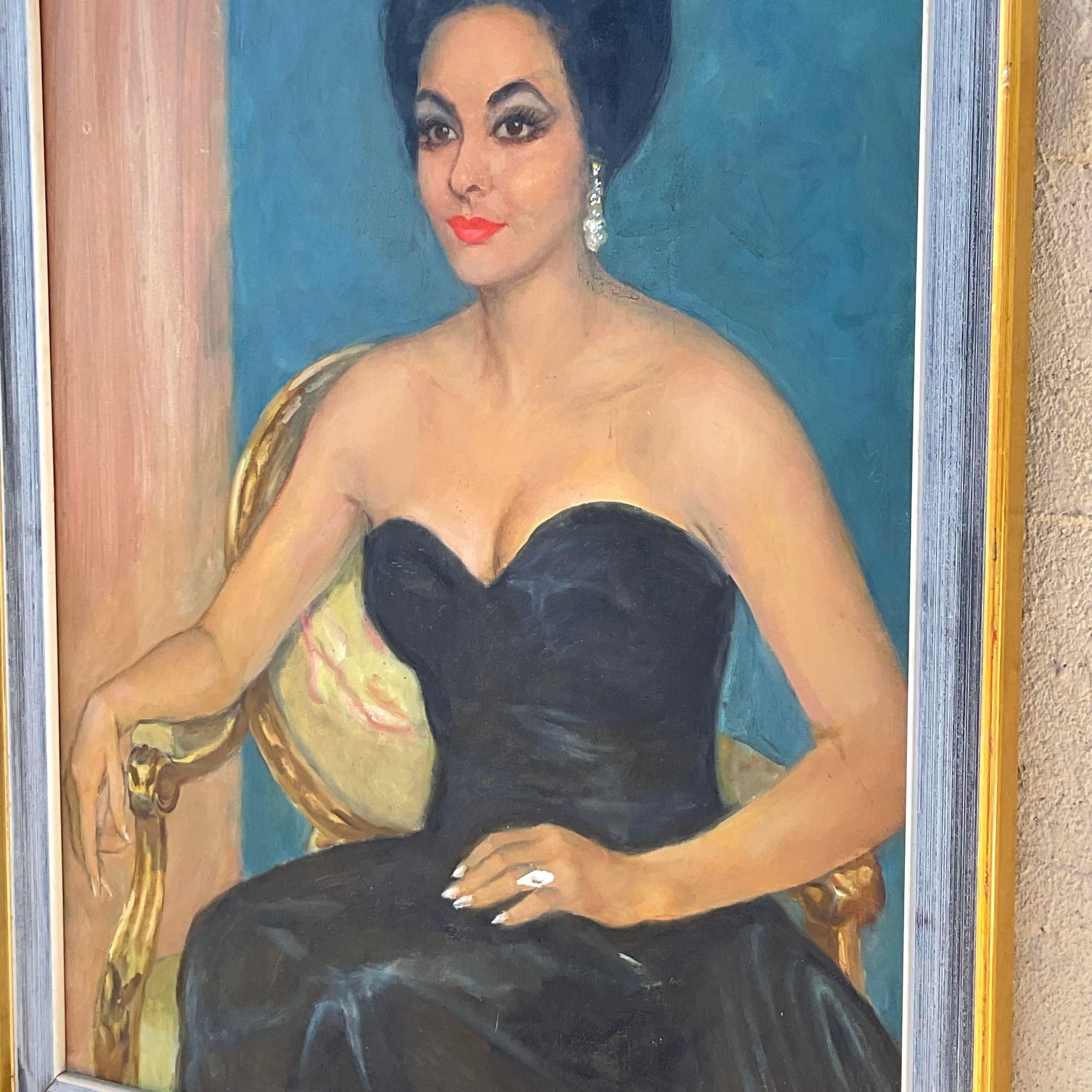 American Vintage Regency Original Oil Portrait of Glamorous Woman