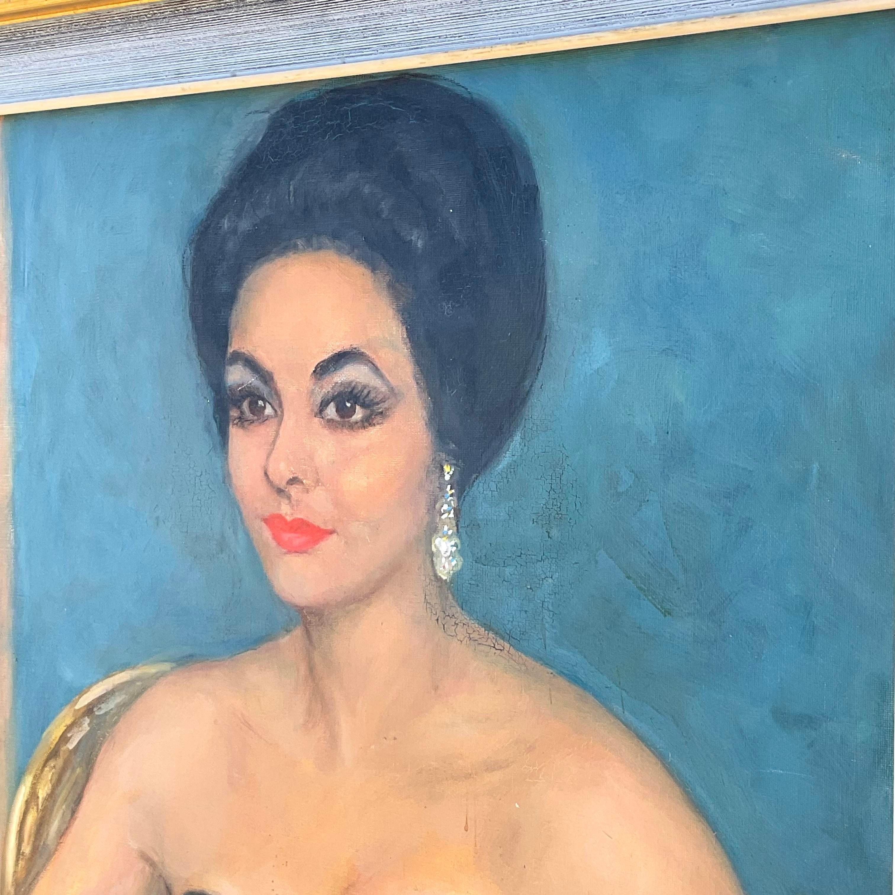 Vintage Regency Original Oil Portrait of Glamorous Woman In Good Condition In west palm beach, FL