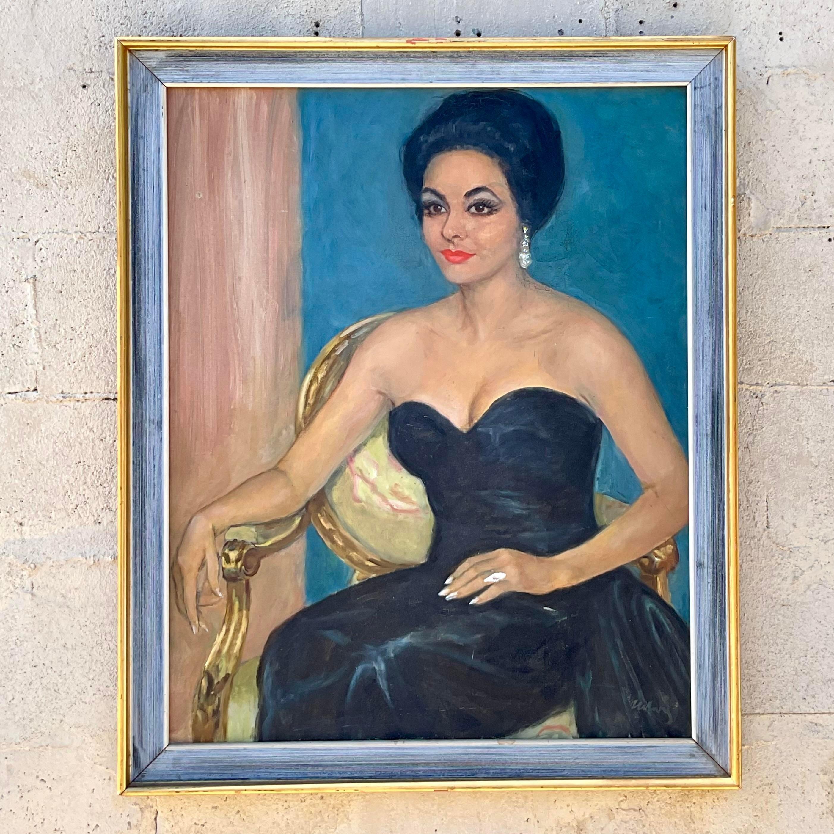 Vintage Regency Original Oil Portrait of Glamorous Woman 1