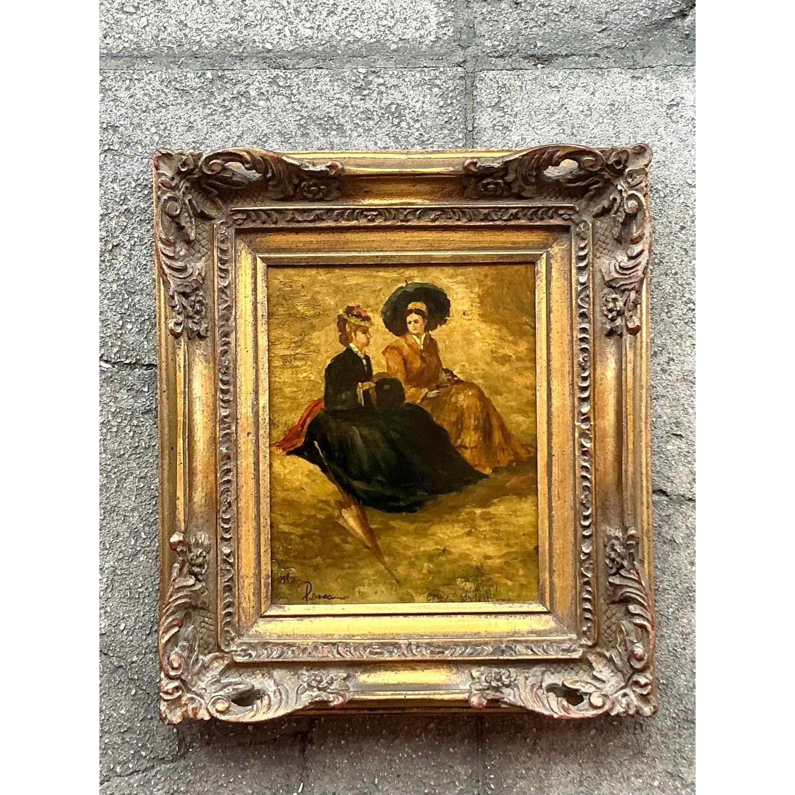 Entra nel fascino senza tempo dell'eleganza Regency con questo squisito ritratto ad olio originale, che raffigura due signore finemente vestite impegnate in una tranquilla conversazione. Realizzata con ricche tonalità di terra e pennellate
