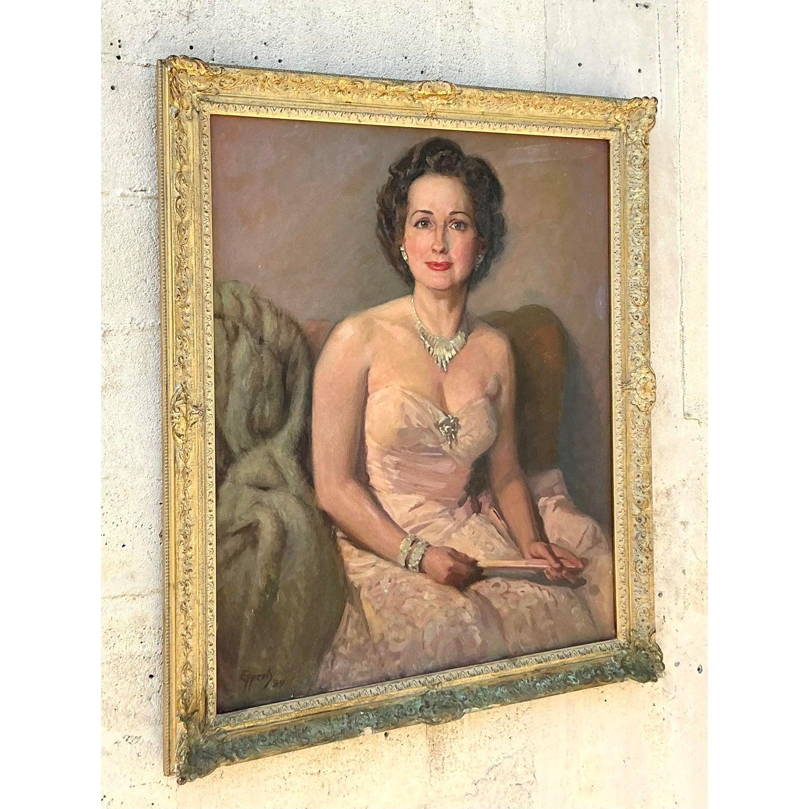 Hollywood Regency Ritratto originale ad olio su tela di epoca reggina in vendita