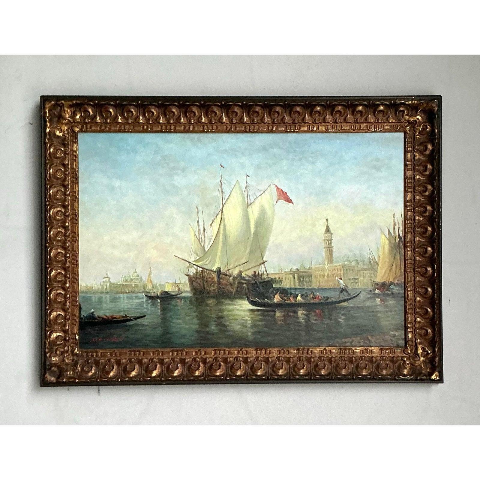 Vintage Regency Original Öl Seestück auf Leinwand im Angebot 4