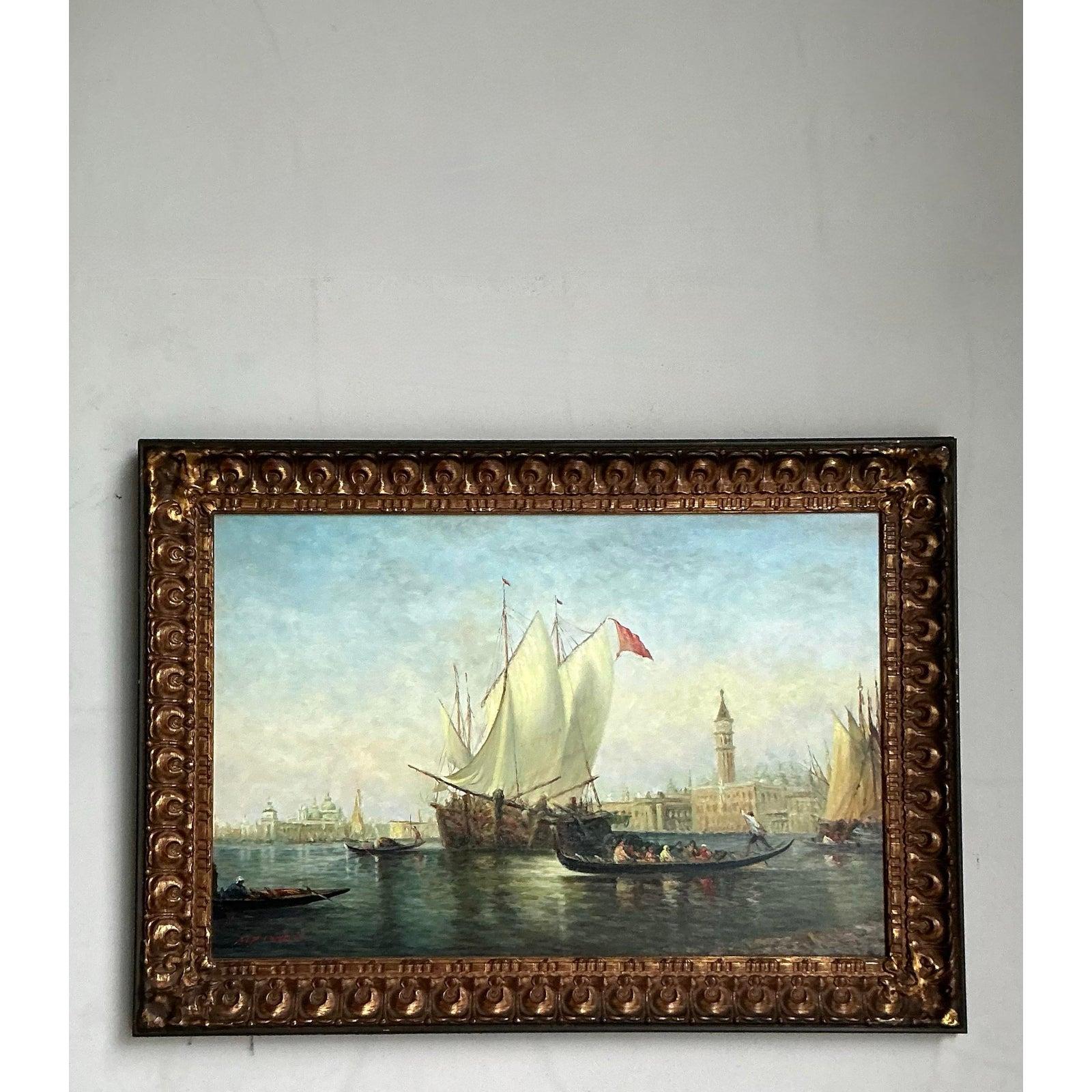 Vintage Regency Original Öl Seestück auf Leinwand (Barock) im Angebot