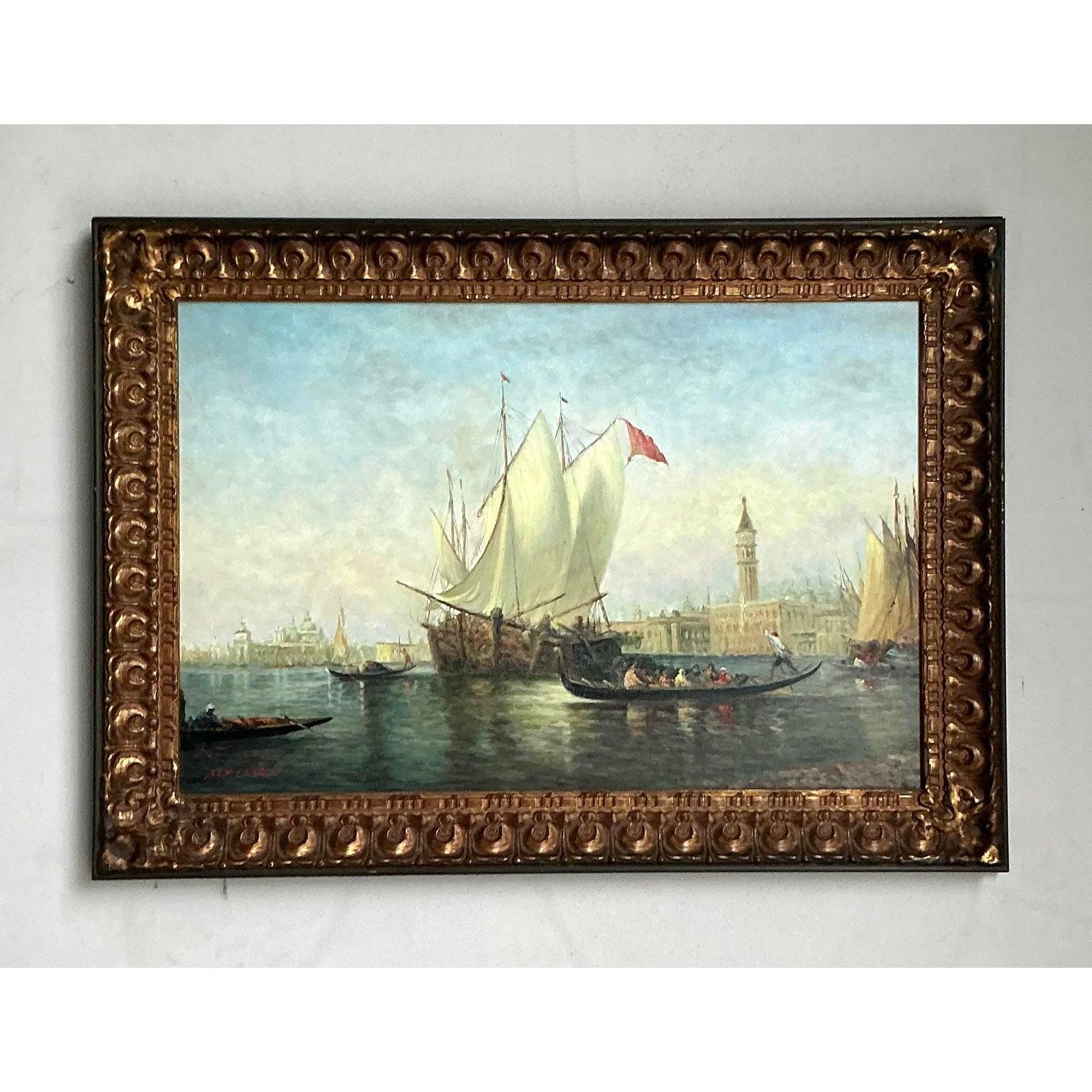 Vintage Regency Original Öl Seestück auf Leinwand im Angebot 1