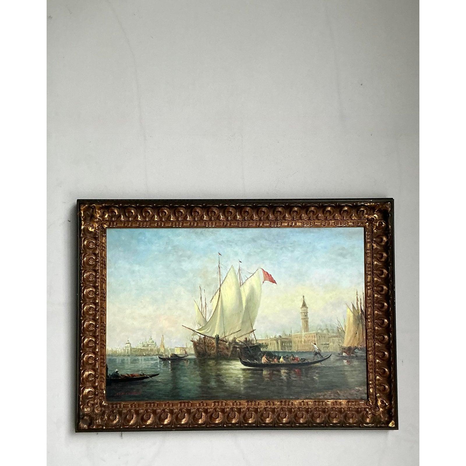 Vintage Regency Original Öl Seestück auf Leinwand im Angebot 2