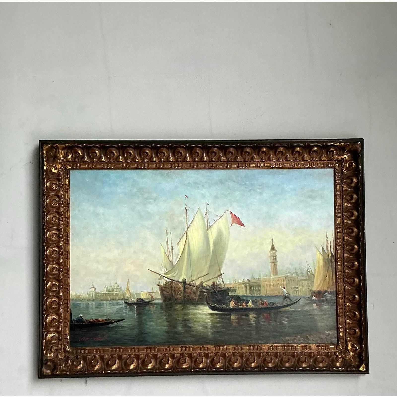 Vintage Regency Original Öl Seestück auf Leinwand im Angebot 3