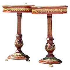 Vintage Regency Ormolu Pedestal Table With Inset Marble - Set of 2