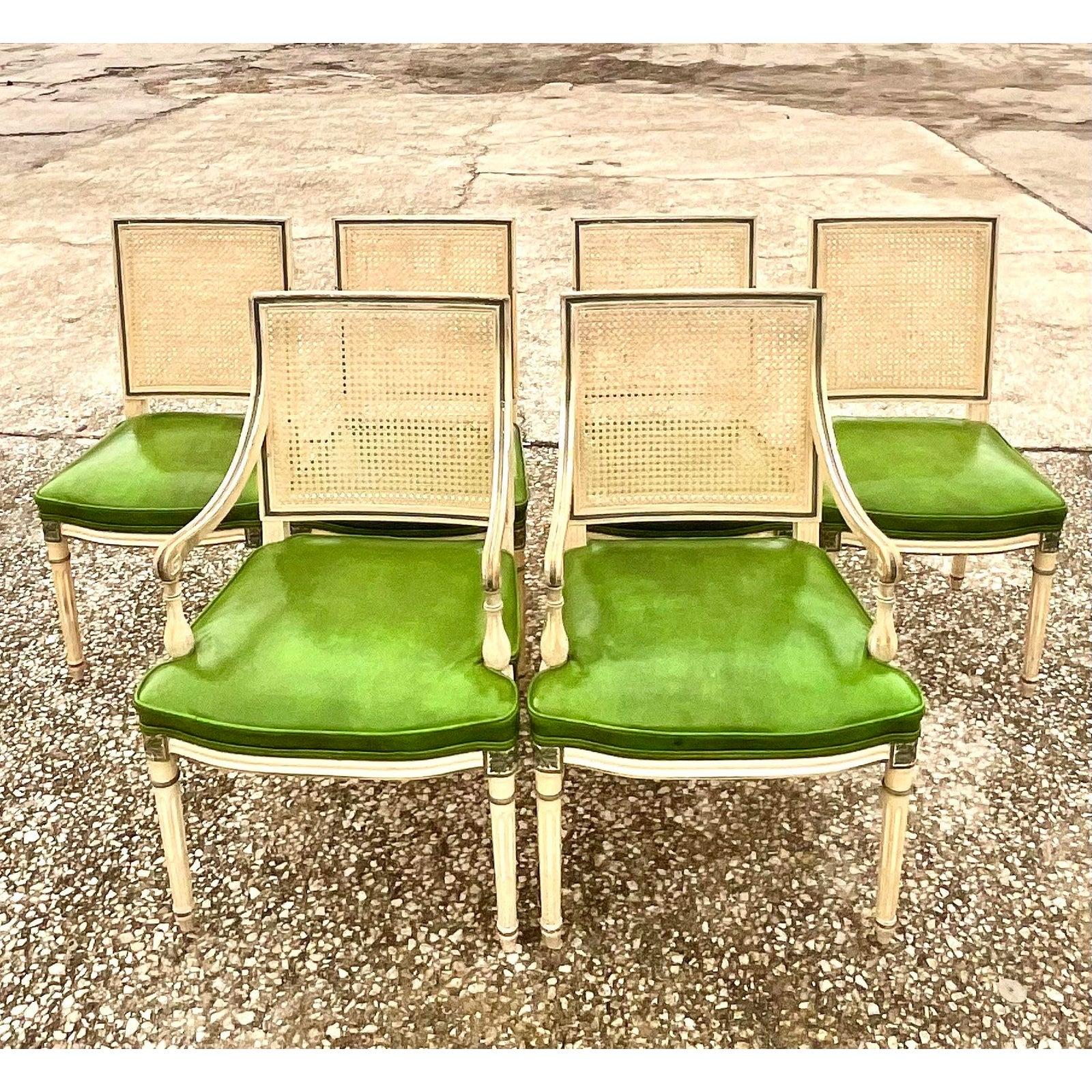 Vintage Regency Painted Cane Back Dining Chairs, Set of 6 In Good Condition In west palm beach, FL