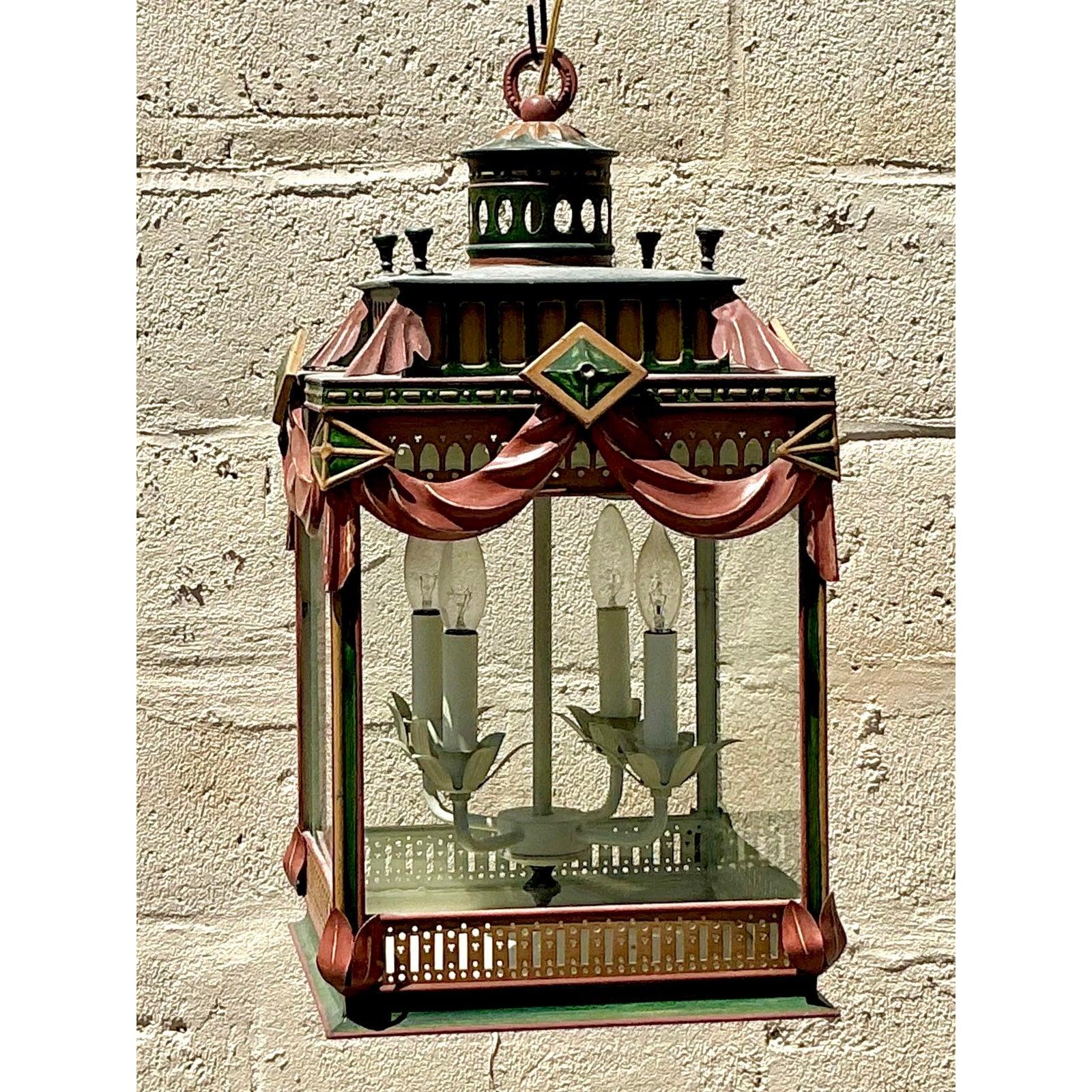 Glass Vintage Regency Painted Swag Lantern For Sale