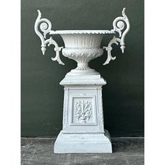 Vintage Regency Painted Wrought Iron Urn on Pedestal