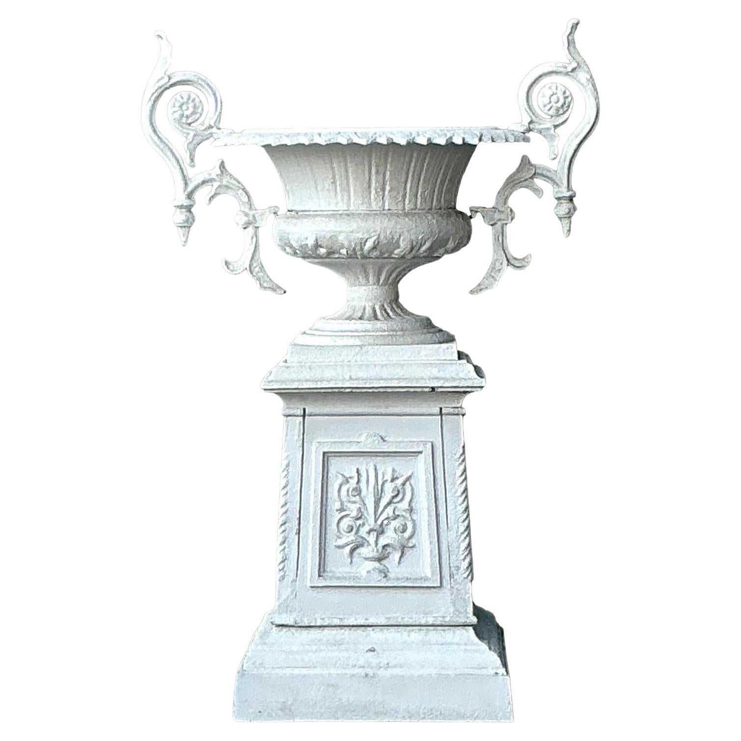 Vintage Regency Painted Wrought Iron Urn on Pedestal For Sale