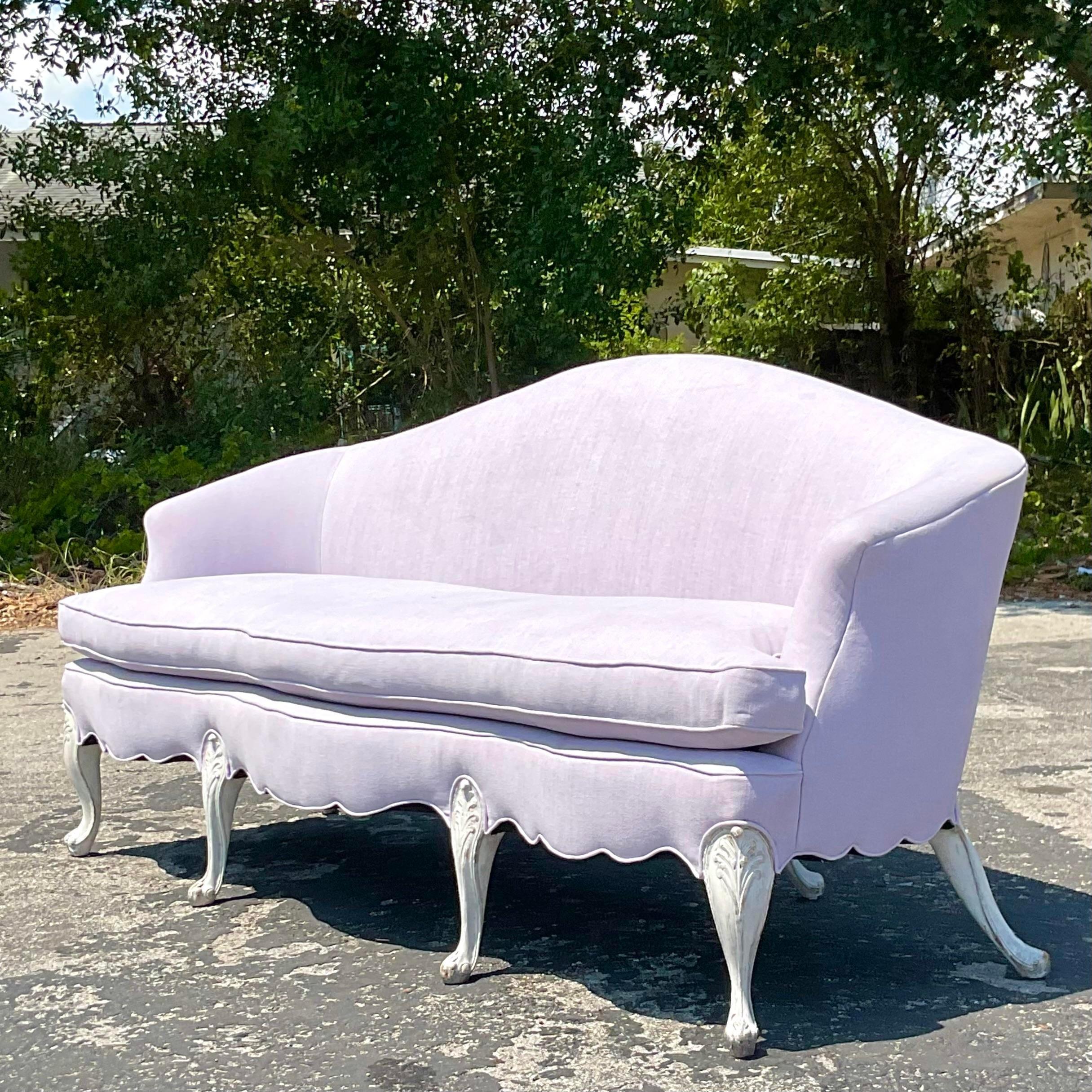 Vintage Regency Pale Lavender Camelback Sofa In Good Condition In west palm beach, FL