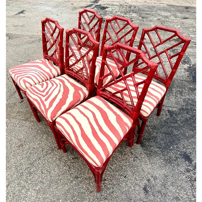 Vintage Regency Palecek Chinese Chippendale Rattan Dining Chairs, Set