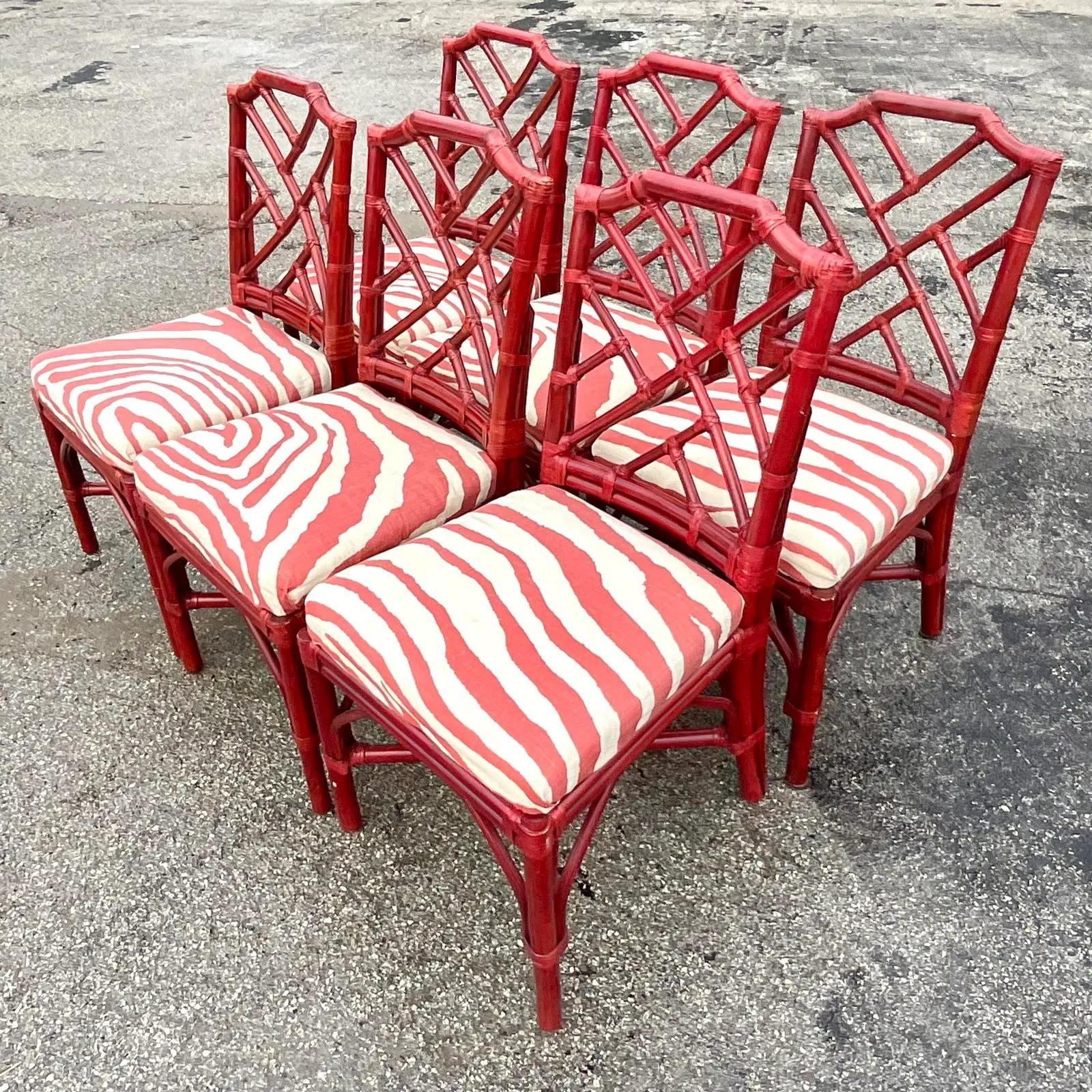 Vintage Regency Palecek Chinese Chippendale Rattan Dining Chairs, Set of Six 6