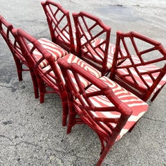 Vintage Regency Palecek Chinese Chippendale Rattan Dining Chairs, Set of Six