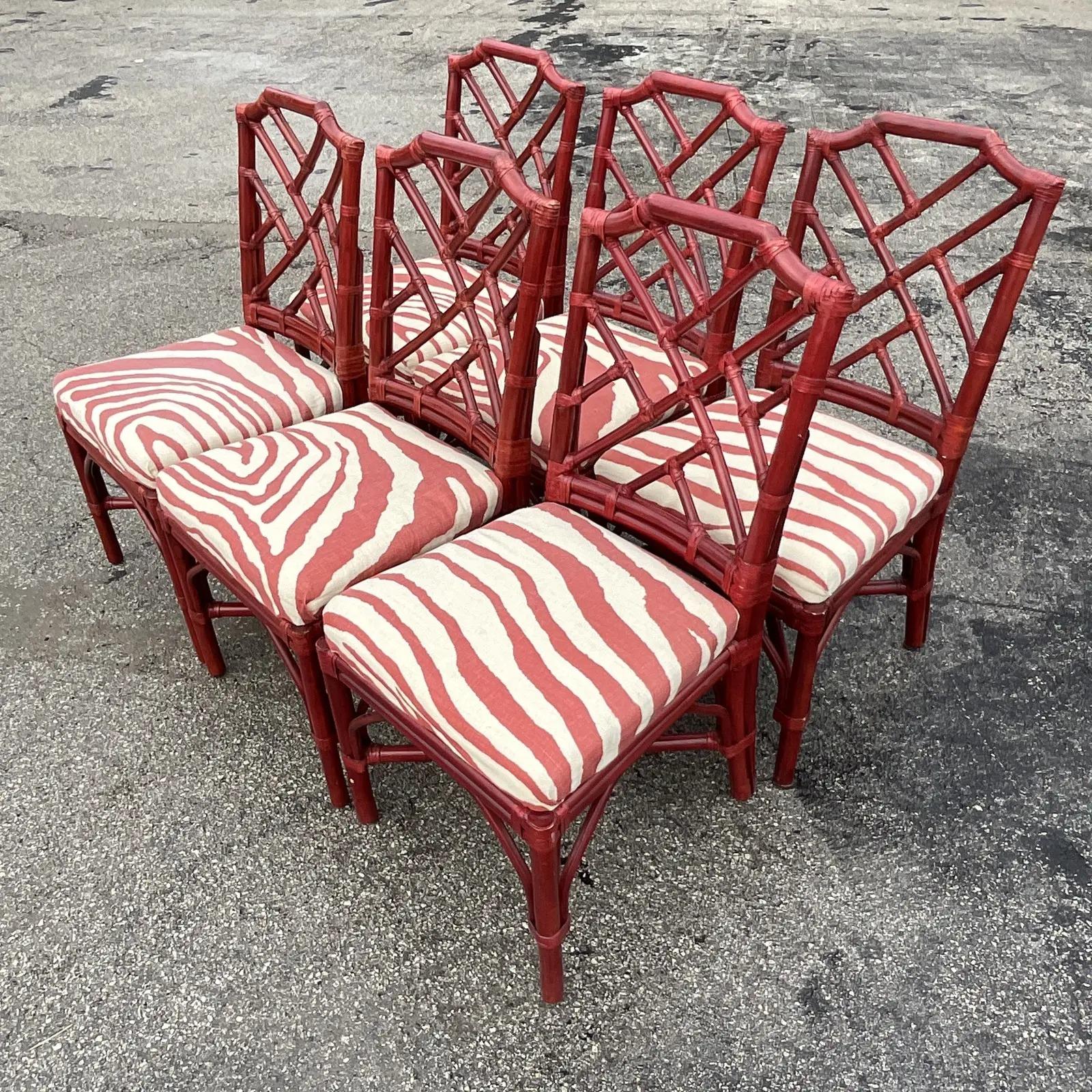 Philippine Vintage Regency Palecek Chinese Chippendale Rattan Dining Chairs, Set of Six