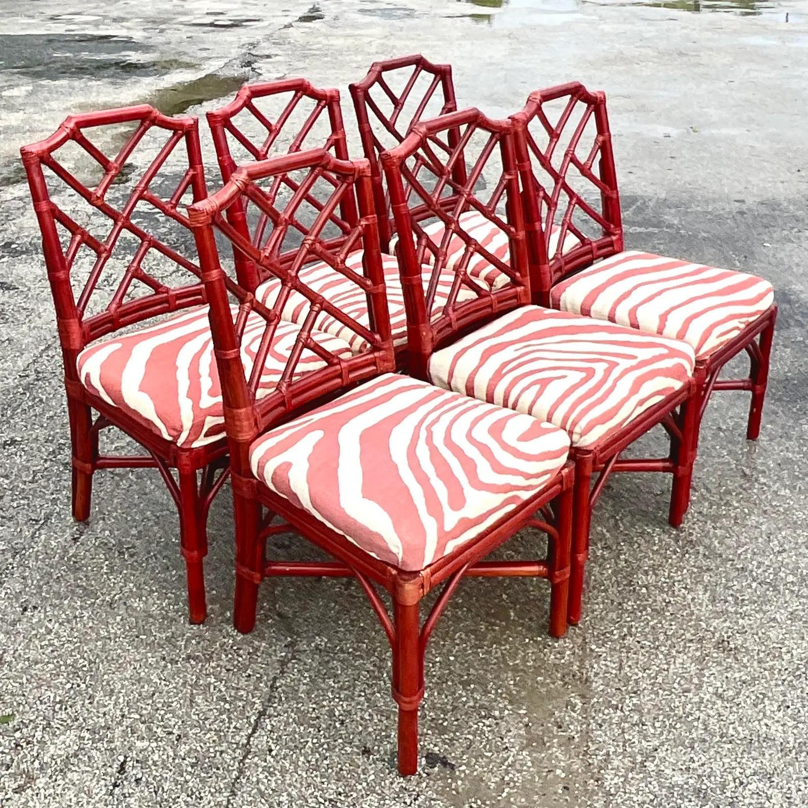 Vintage Regency Palecek Chinese Chippendale Rattan Dining Chairs, Set of Six In Good Condition In West Palm Beach, FL
