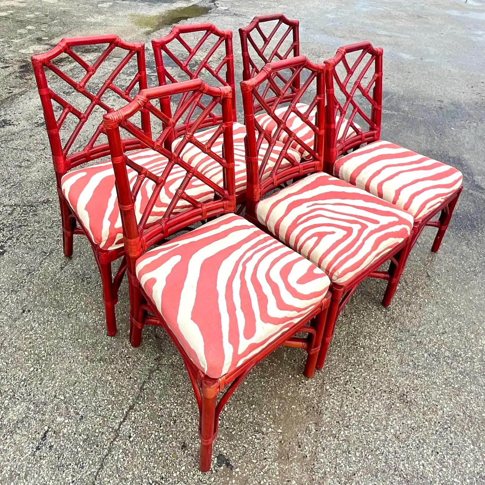 20th Century Vintage Regency Palecek Chinese Chippendale Rattan Dining Chairs, Set of Six