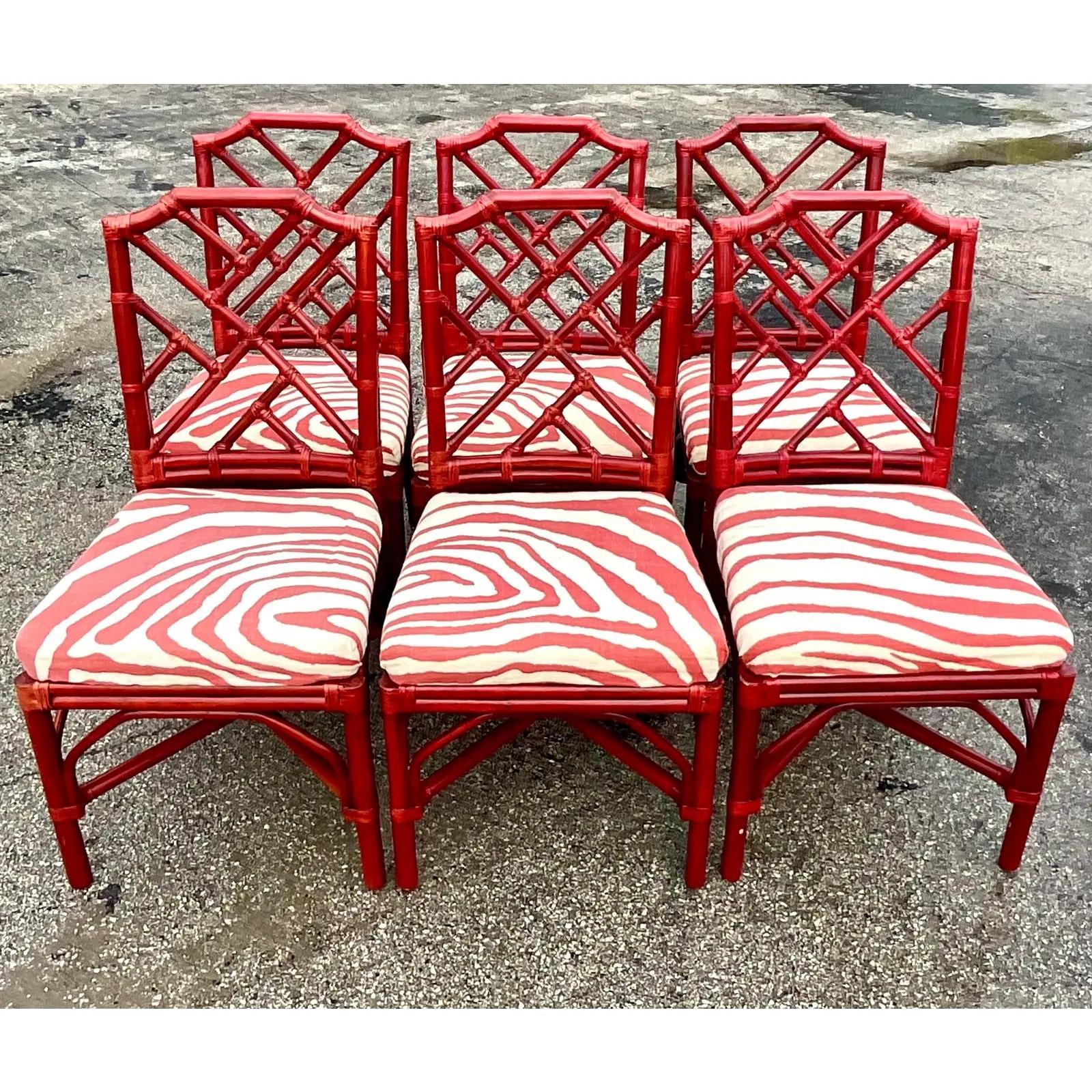 Vintage Regency Palecek Chinese Chippendale Rattan Dining Chairs, Set of Six 1