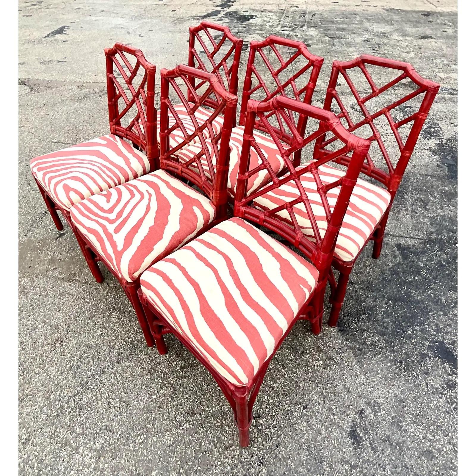 Vintage Regency Palecek Chinese Chippendale Rattan Dining Chairs, Set of Six 2