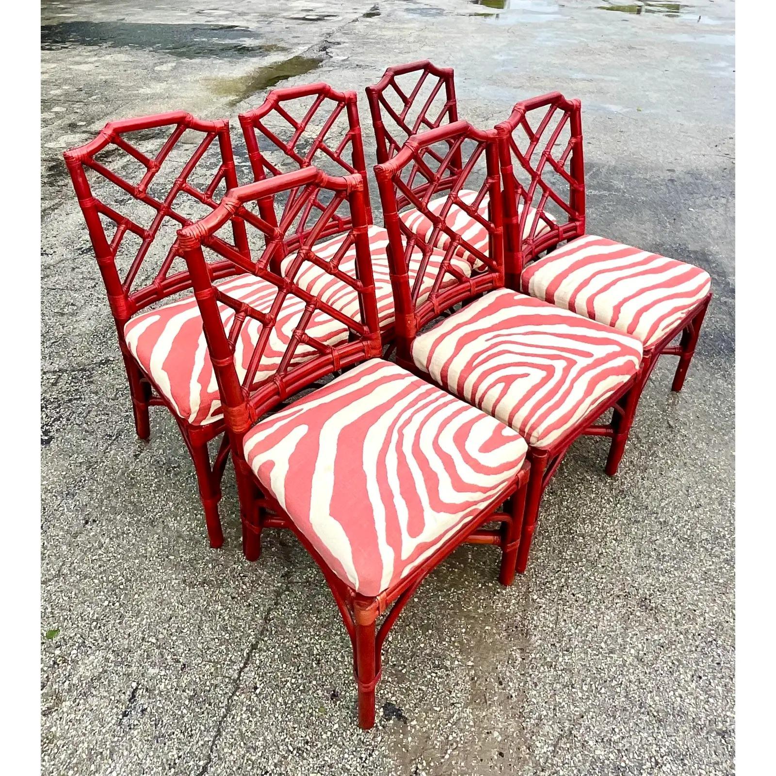 Vintage Regency Palecek Chinese Chippendale Rattan Dining Chairs, Set of Six 3
