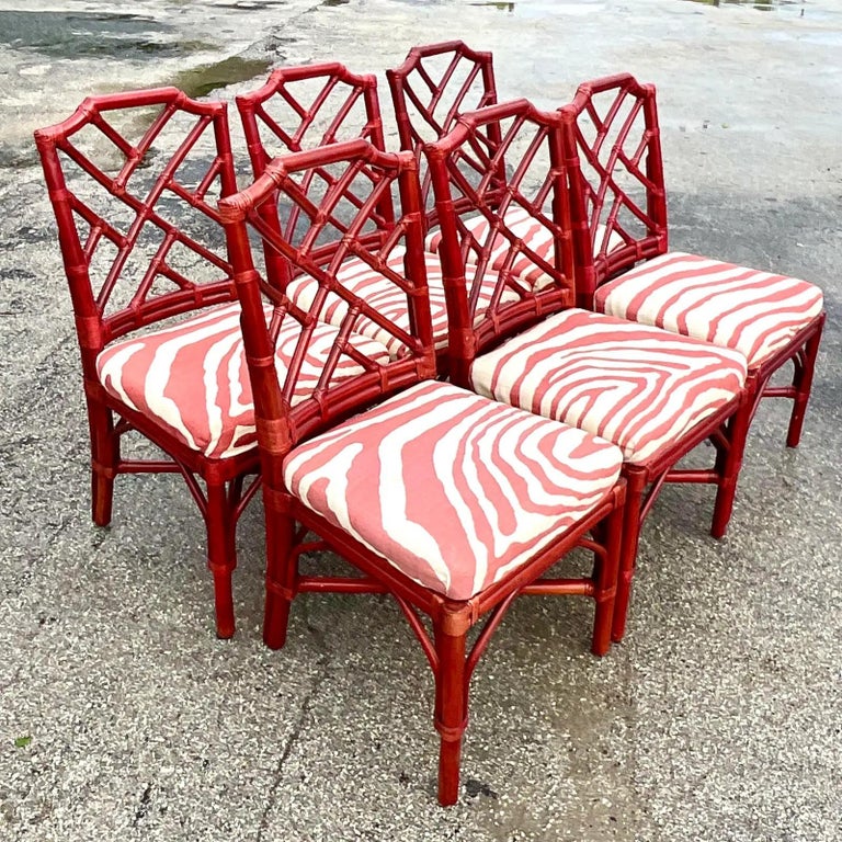 Vintage Regency Palecek Chinese Chippendale Rattan Dining Chairs, Set