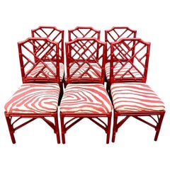 Retro Regency Palecek Chinese Chippendale Rattan Dining Chairs, Set of Six