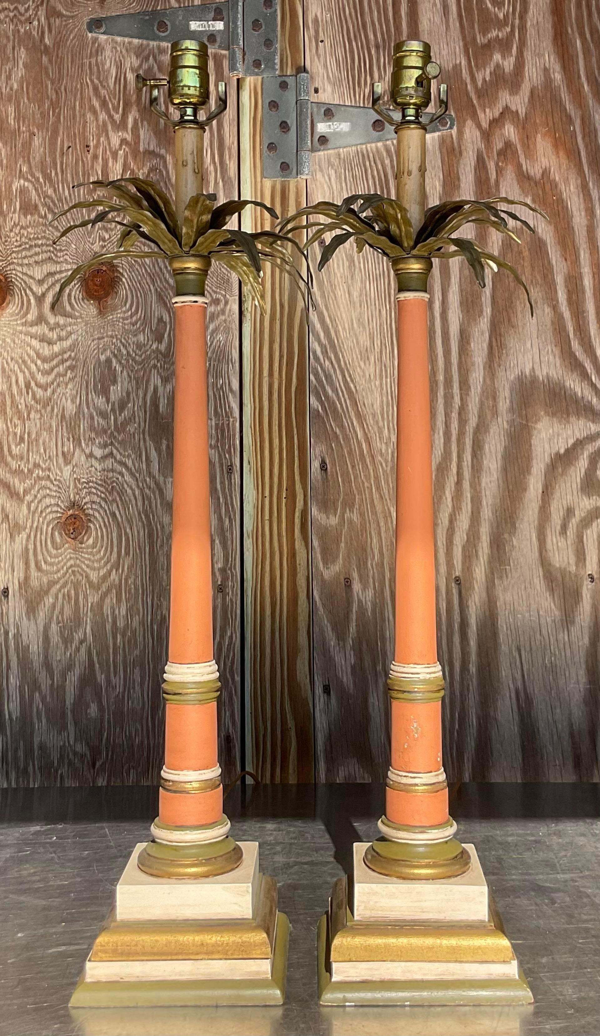 Vintage Regency Palm Tree Candlestick Lamps - a Pair In Good Condition In west palm beach, FL