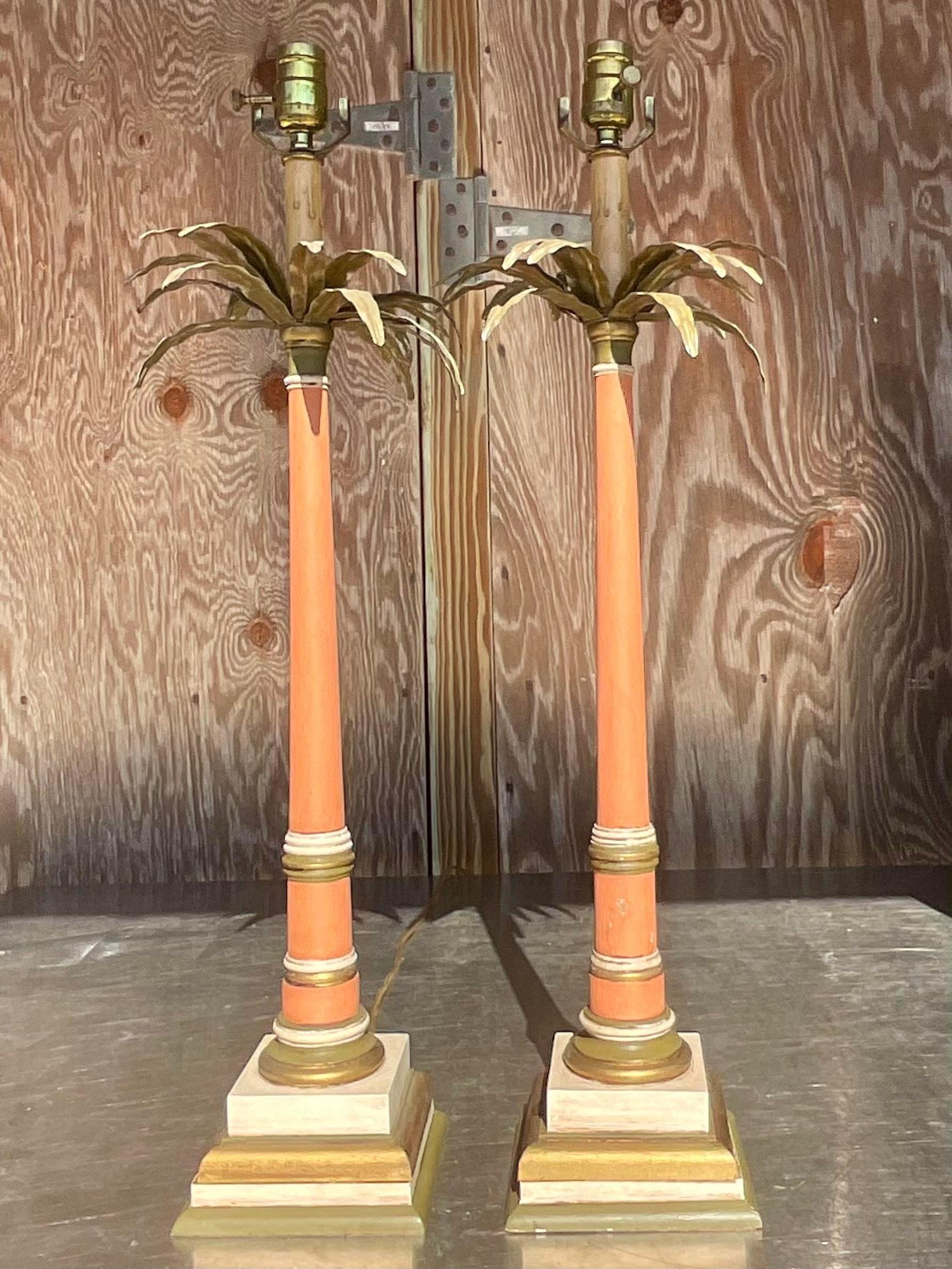 20th Century Vintage Regency Palm Tree Candlestick Lamps - a Pair