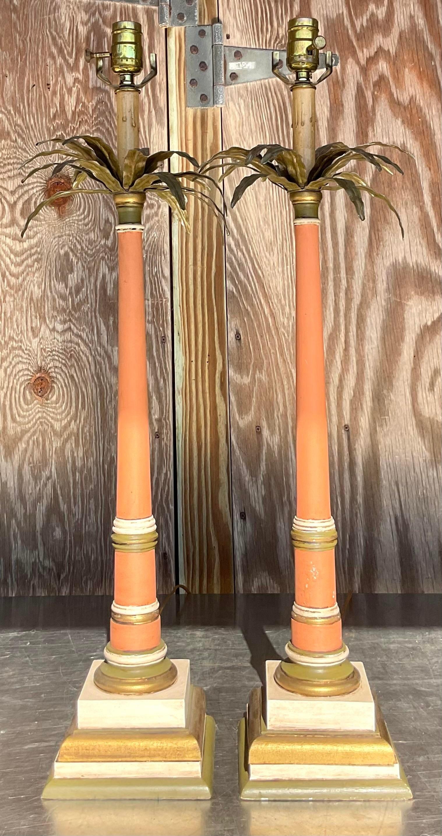 Metal Vintage Regency Palm Tree Candlestick Lamps - a Pair