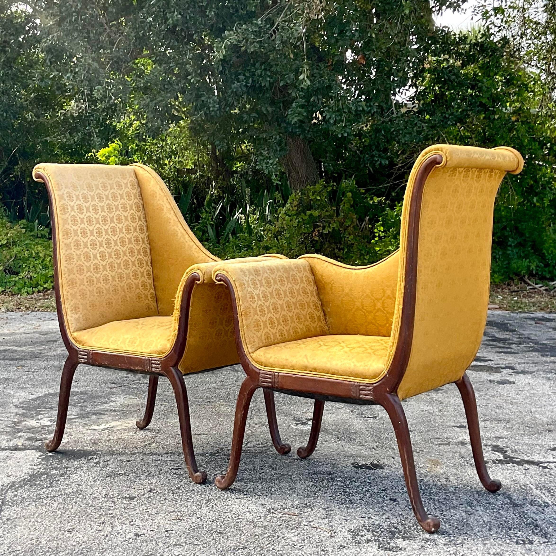 A fantastic vintage Regency lounge chairs. A chic Parker Deux design with beautiful hand carved detail. These chairs are structurally great, but require reupholstery. But once reimagined they will be showstoppers. Acquired from a Palm Beach estate.