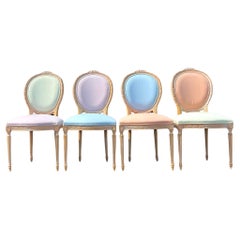 Vintage Regency Pastel Block Medallion Back Chairs - Set of 4