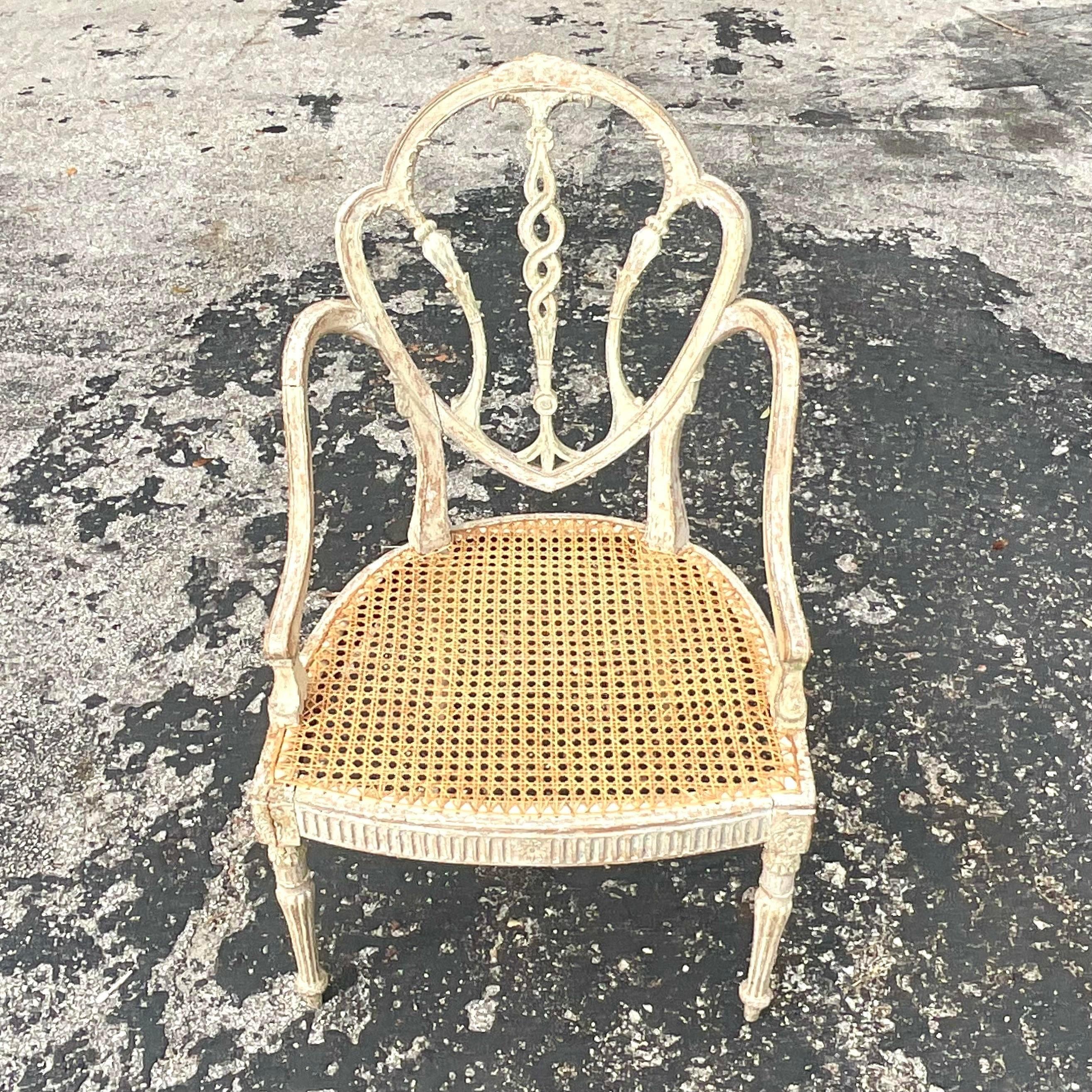Vintage Regency Patinated Arm Chairs With Cane Seat In Good Condition For Sale In west palm beach, FL