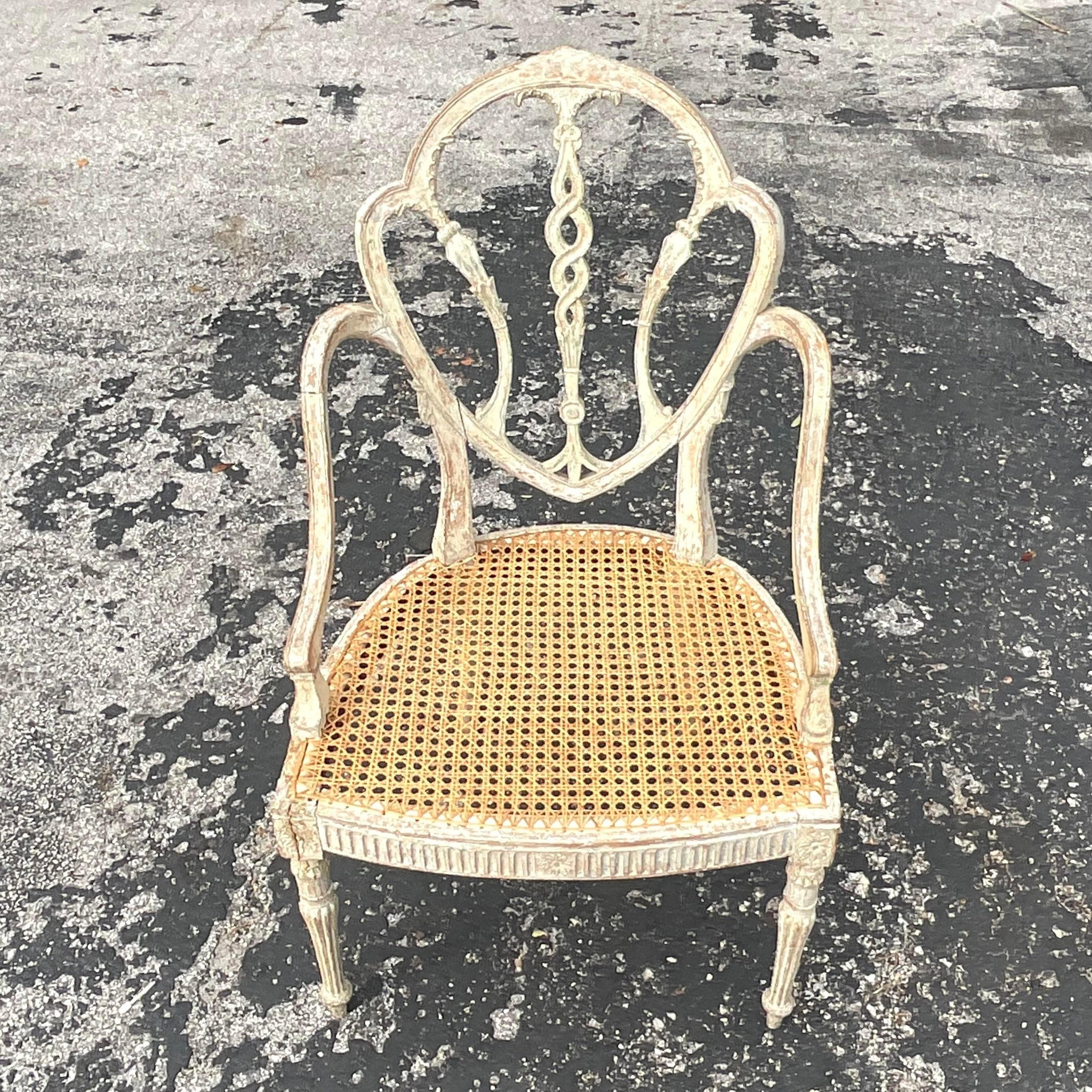 Vintage Regency Patinated Arm Chairs With Cane Seat For Sale 2