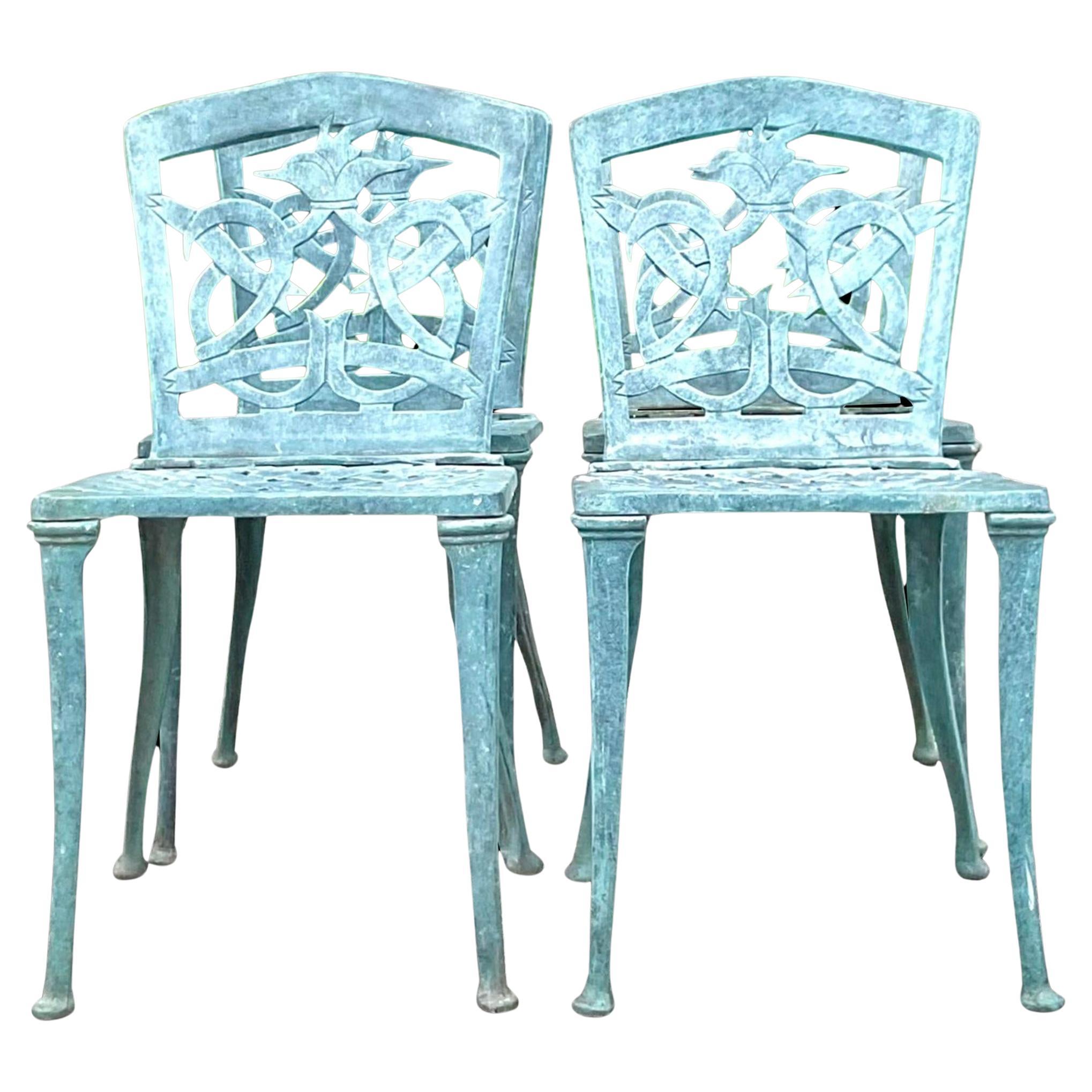 Vintage Regency Patinated Cast Aluminum Outdoor Dining Chairs - Set of 4