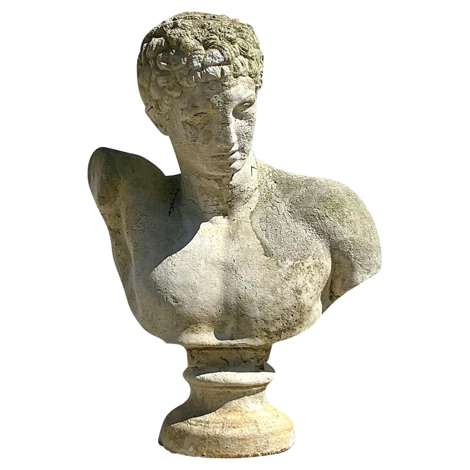 Vintage Regency Patinated Cast Stone Bust of Hermes
