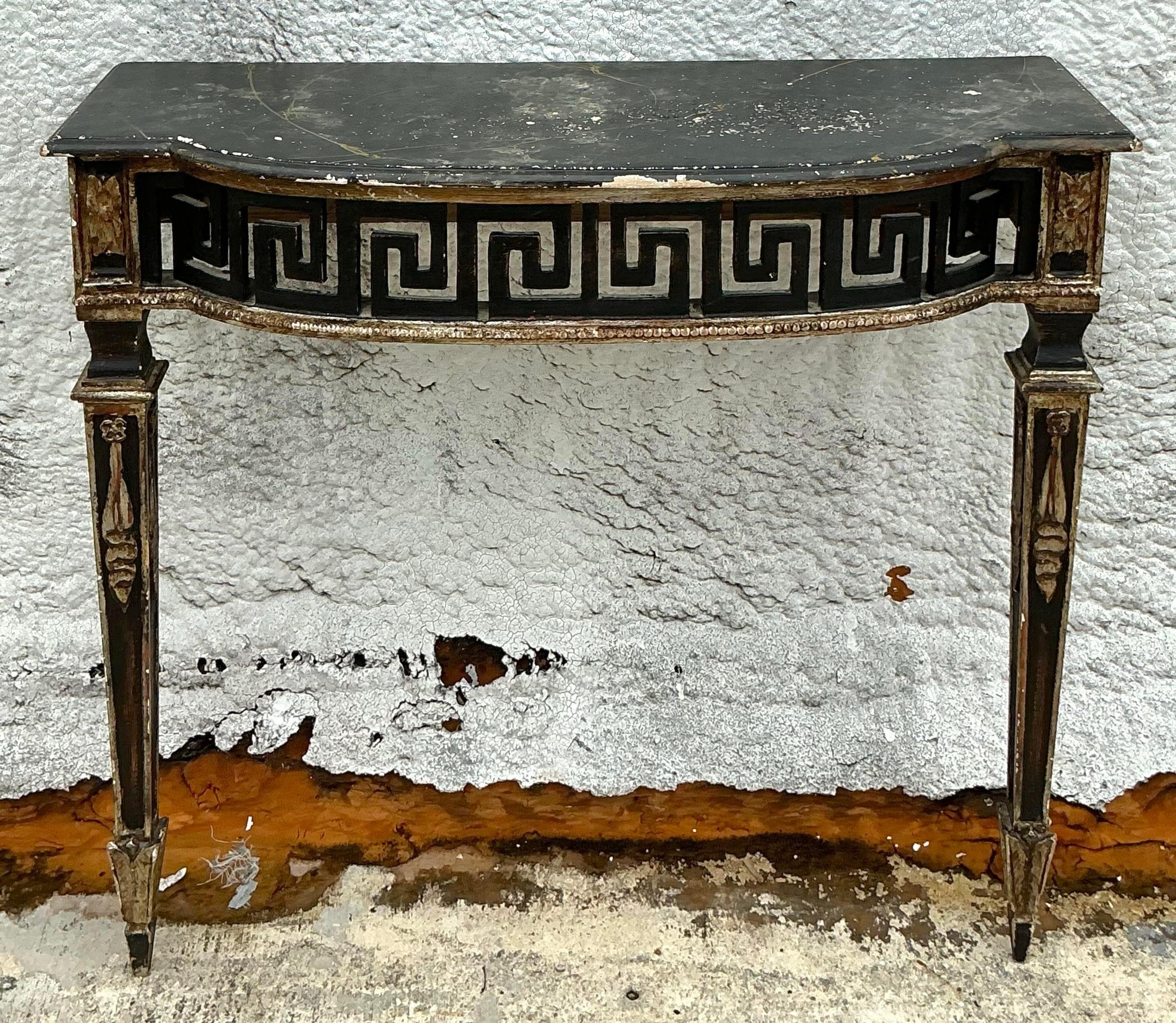 Vintage Regency Patinated Greek Key Wall Mount Demilune Console Table 4
