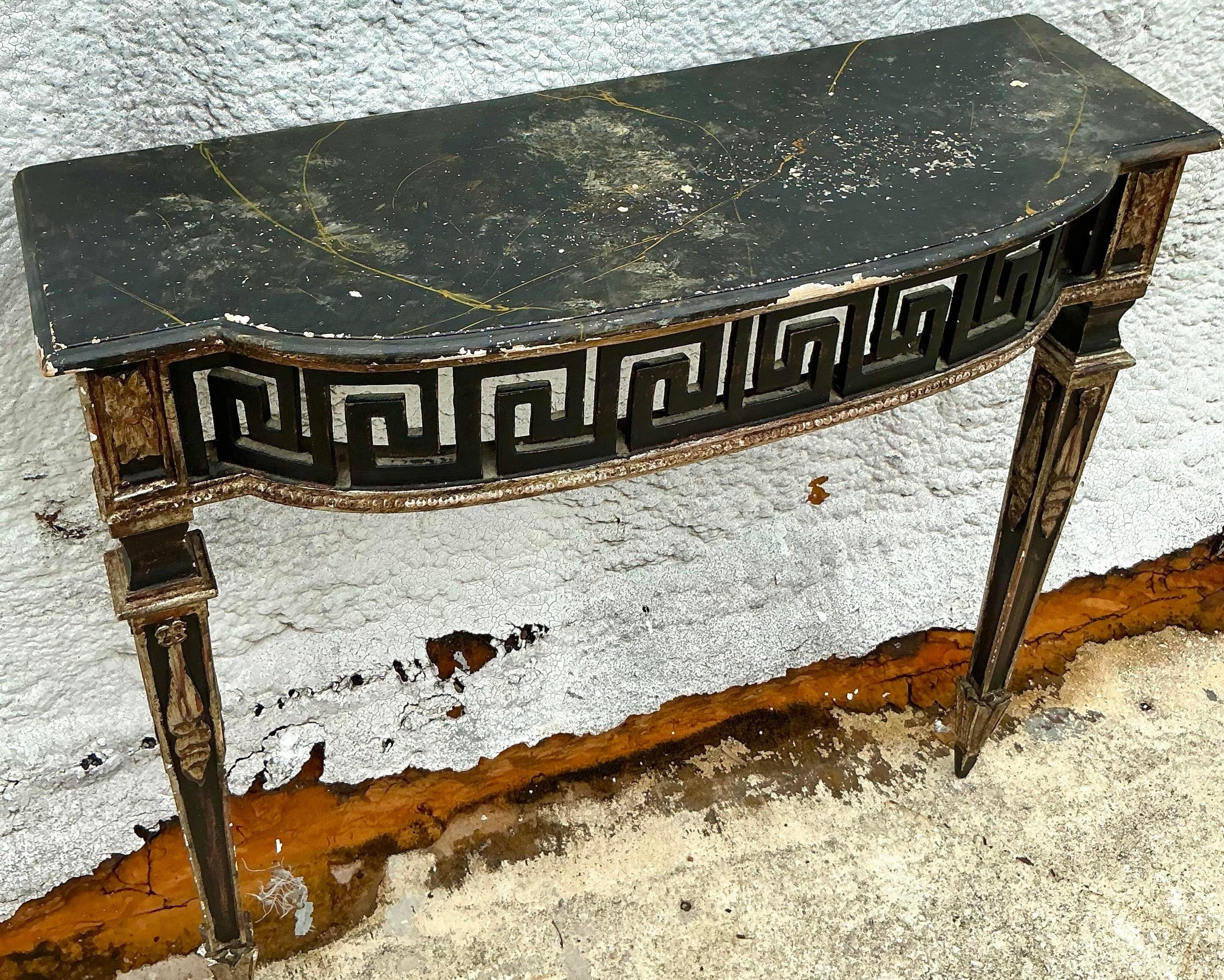 American Vintage Regency Patinated Greek Key Wall Mount Demilune Console Table