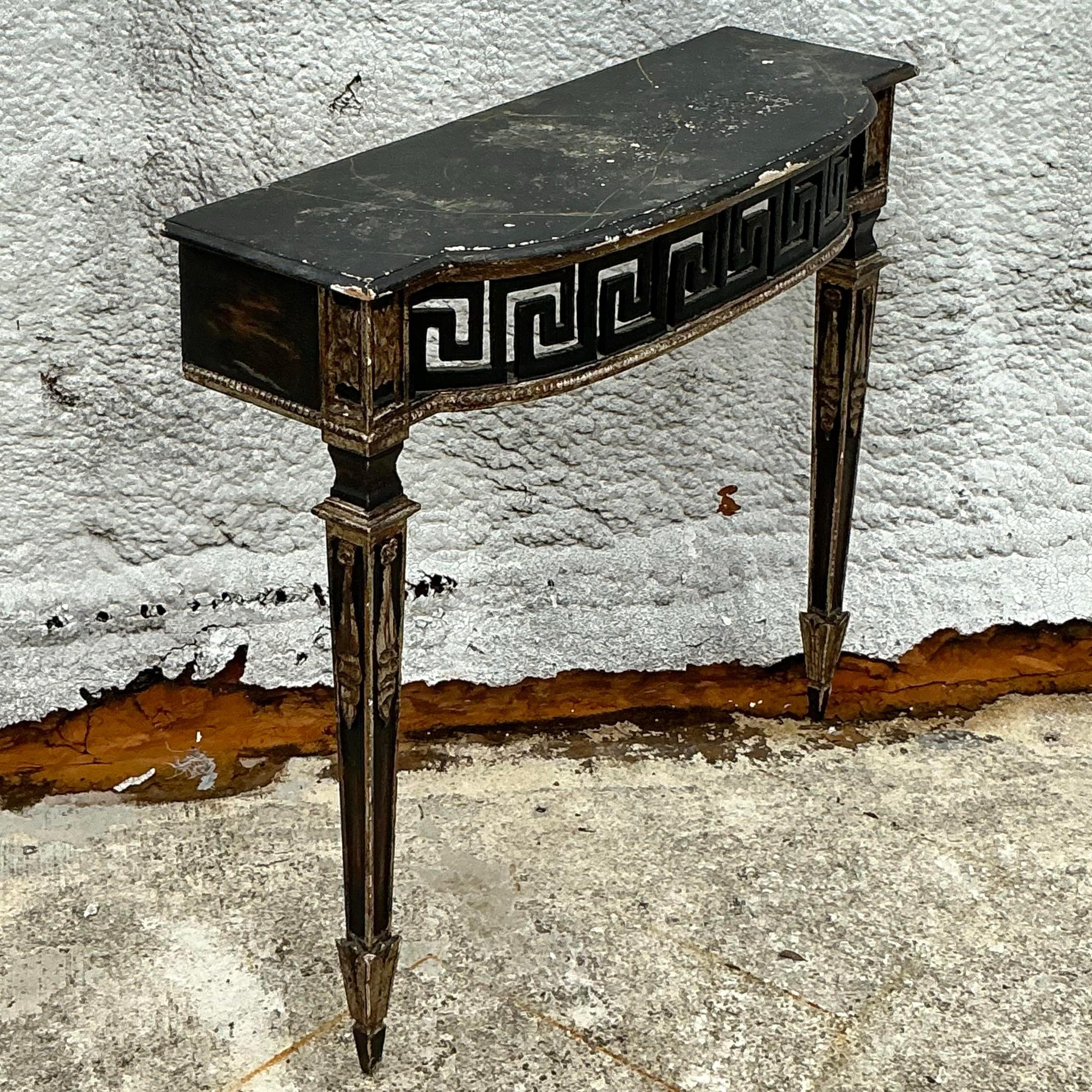 Vintage Regency Patinated Greek Key Wall Mount Demilune Console Table In Good Condition In West Palm Beach, FL