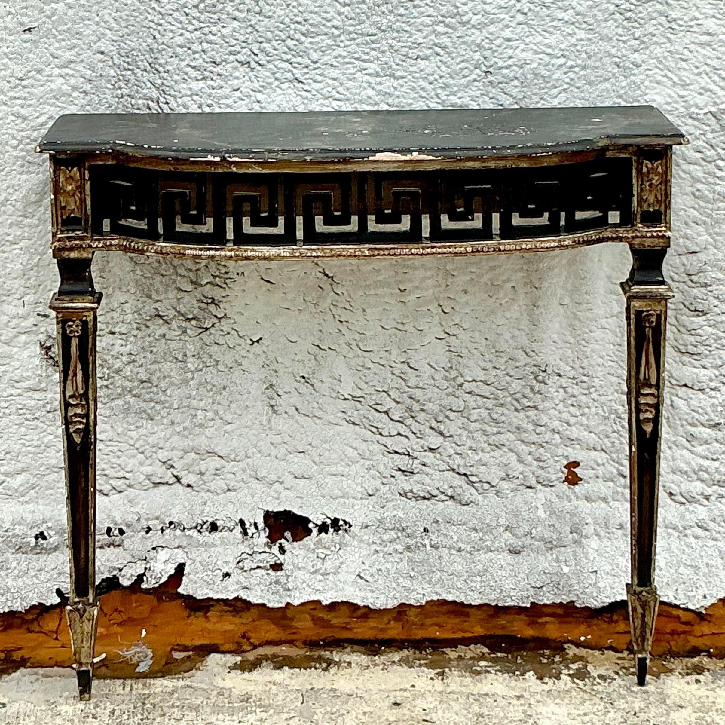20th Century Vintage Regency Patinated Greek Key Wall Mount Demilune Console Table