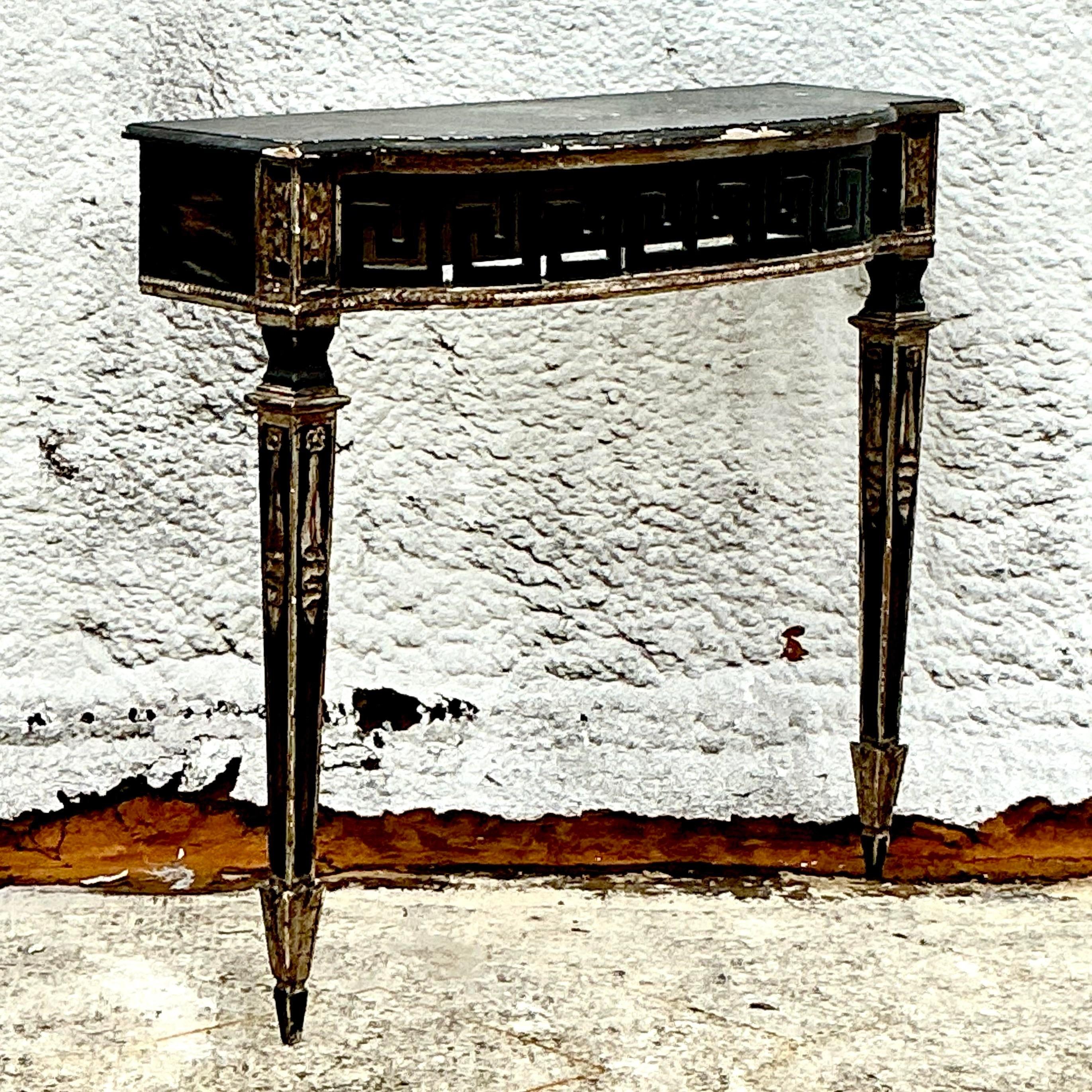 Wood Vintage Regency Patinated Greek Key Wall Mount Demilune Console Table