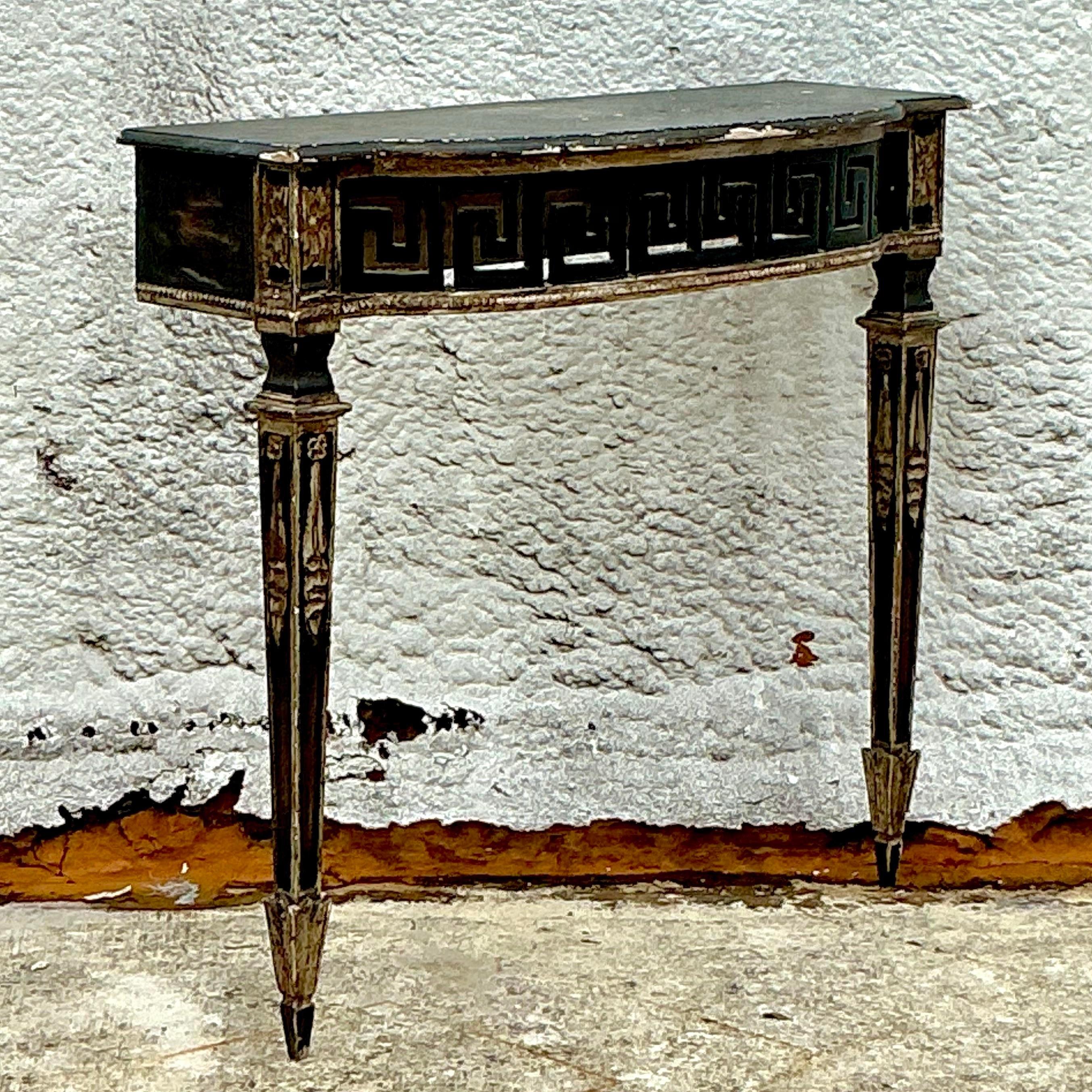 Vintage Regency Patinated Greek Key Wall Mount Demilune Console Table 3
